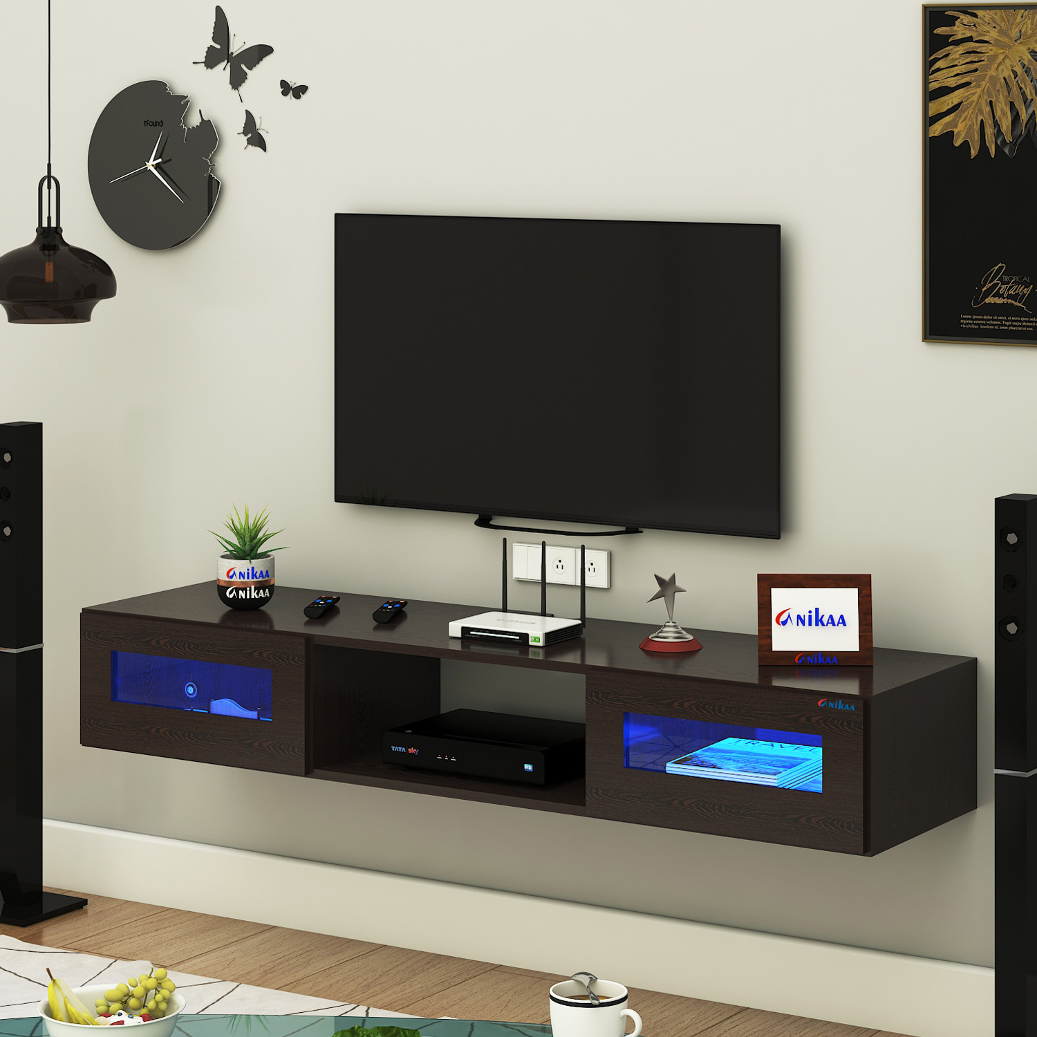 Image of FURNIWUD Orilo Wall Mount Modern Floating TV Unit with Storage Cabinet & Blue LED Light Engineered Wood TV Entertainment Unit