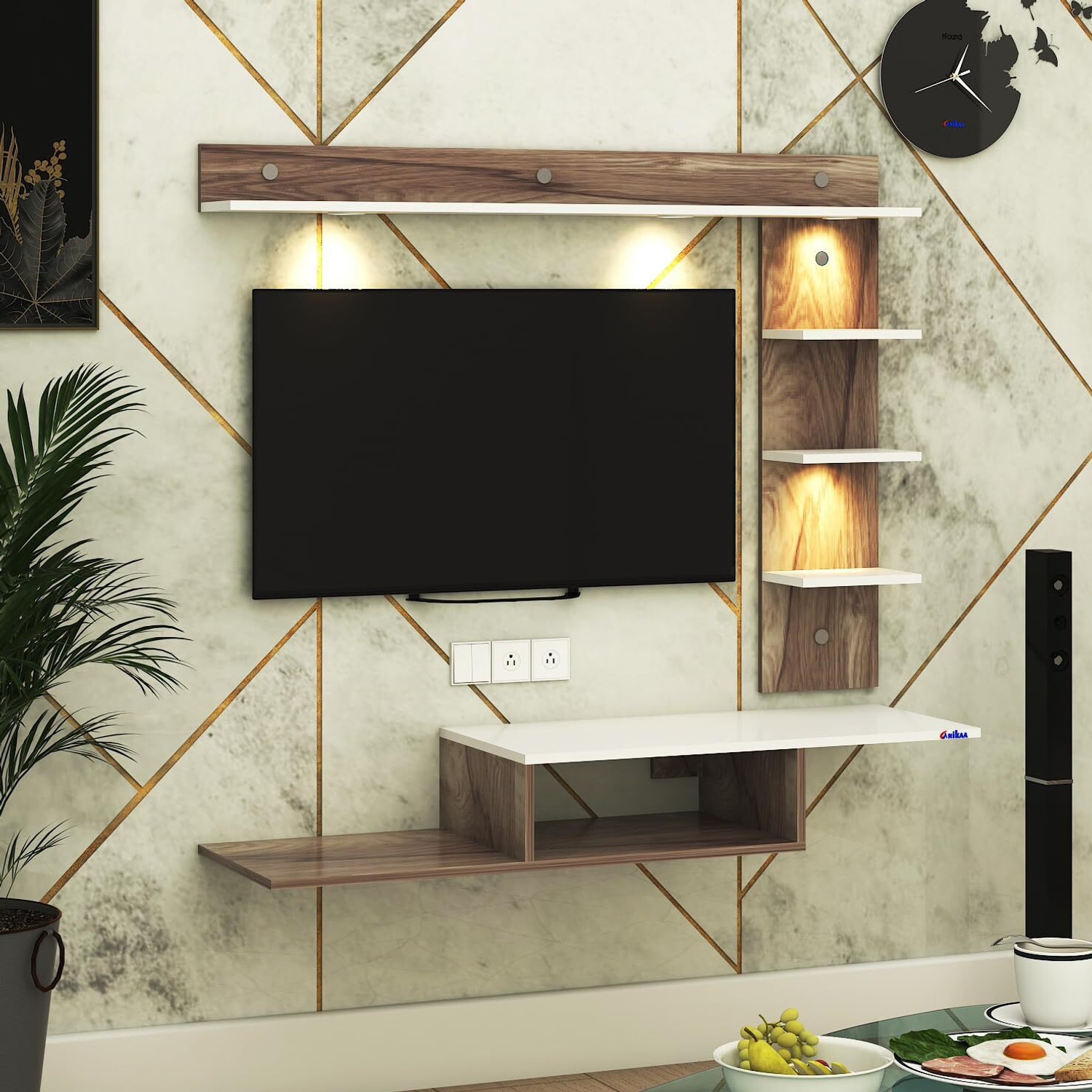 Image of FURNIWUD Wintor Wall Mounted TV Unit with 4 LED Lights, Storage Box & Decorative Shelf Engineered Wood TV Entertainment Unit