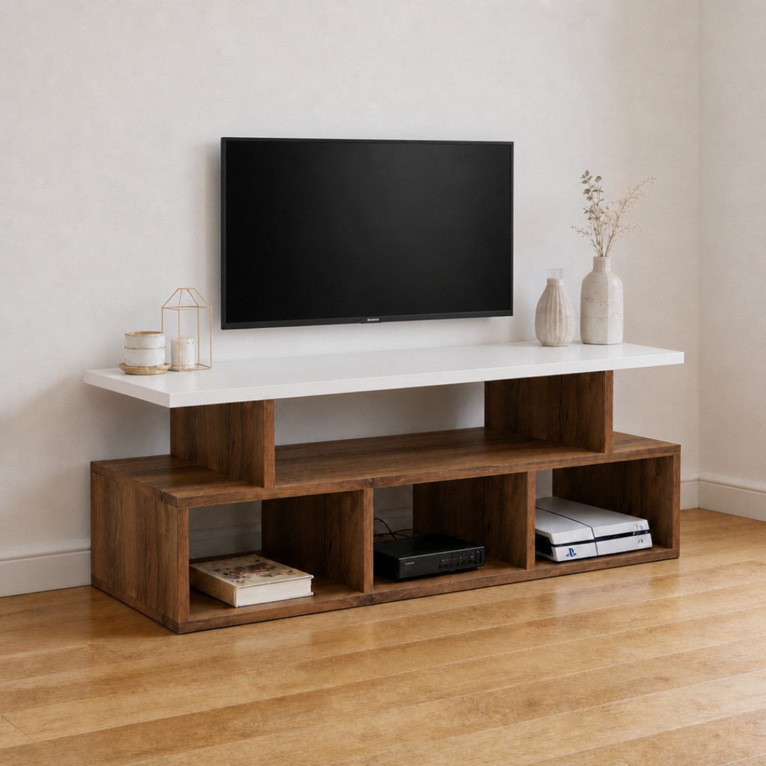 Image of Flipkart Perfect Homes Nuro Stand Rack Console Cabinet 17 mm Thick Free-standing 101 x 40.5 x 41 cm Engineered Wood TV Entertainment Unit (Finish Color - Walnut & White, DIY(Do-It-Yourself))