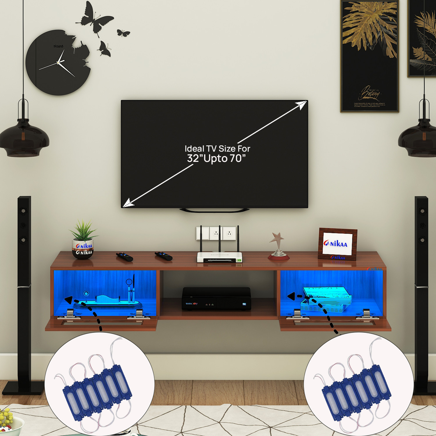 Image of FURNIWUD Orilo Wall Mount Modern Floating TV Unit with Storage Cabinet & Blue LED Light Engineered Wood TV Entertainment Unit