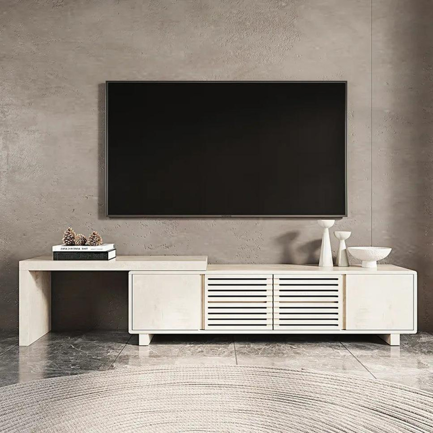 Image of NG Decor Distressed Retracted & Extendable TV Stand with 4 Shelves Up to 85 inch Engineered Wood TV Entertainment Unit