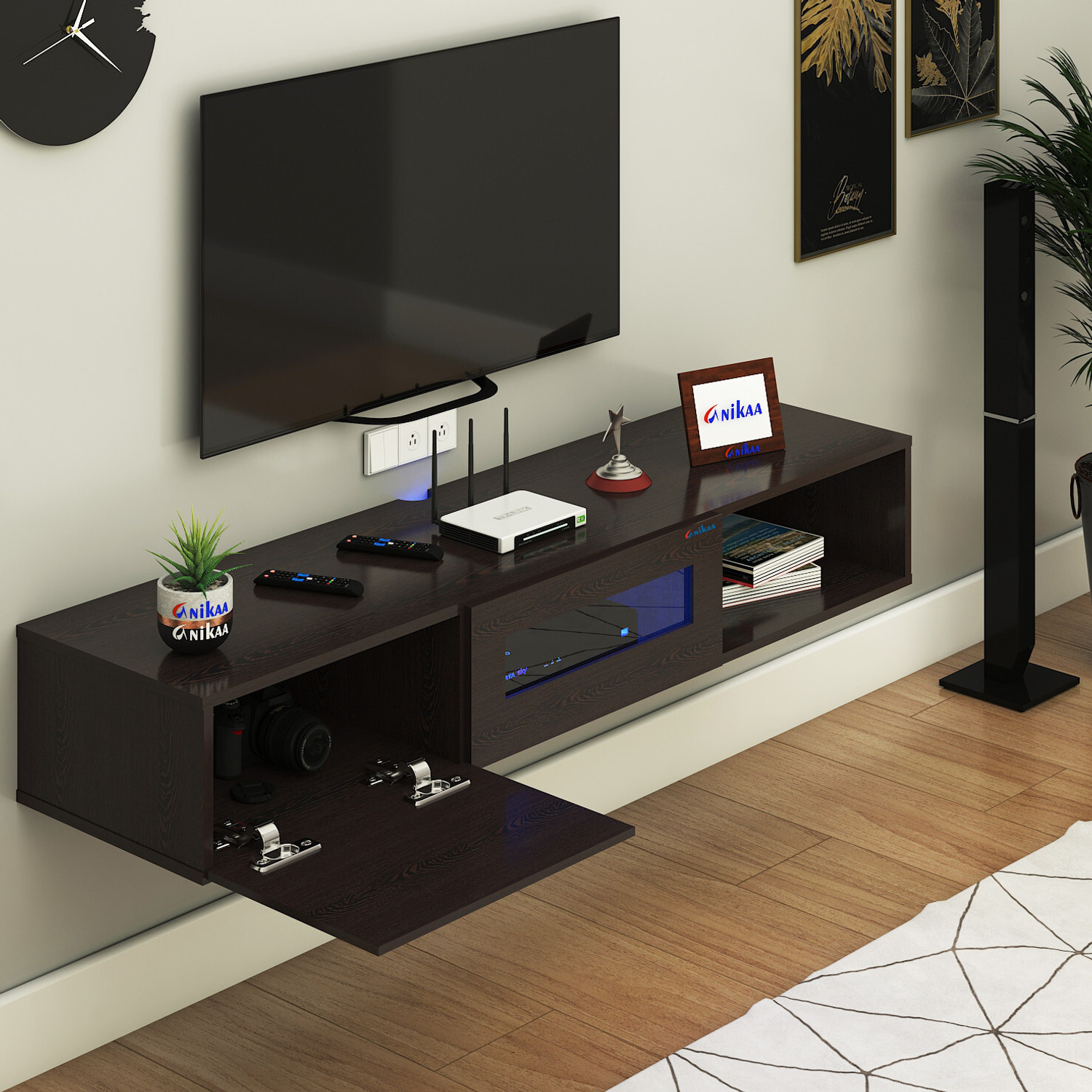 Image of ANIKAA Strix Wall Mount Modern Floating TV Unit with Storage Cabinet & Blue LED Light Engineered Wood TV Entertainment Unit