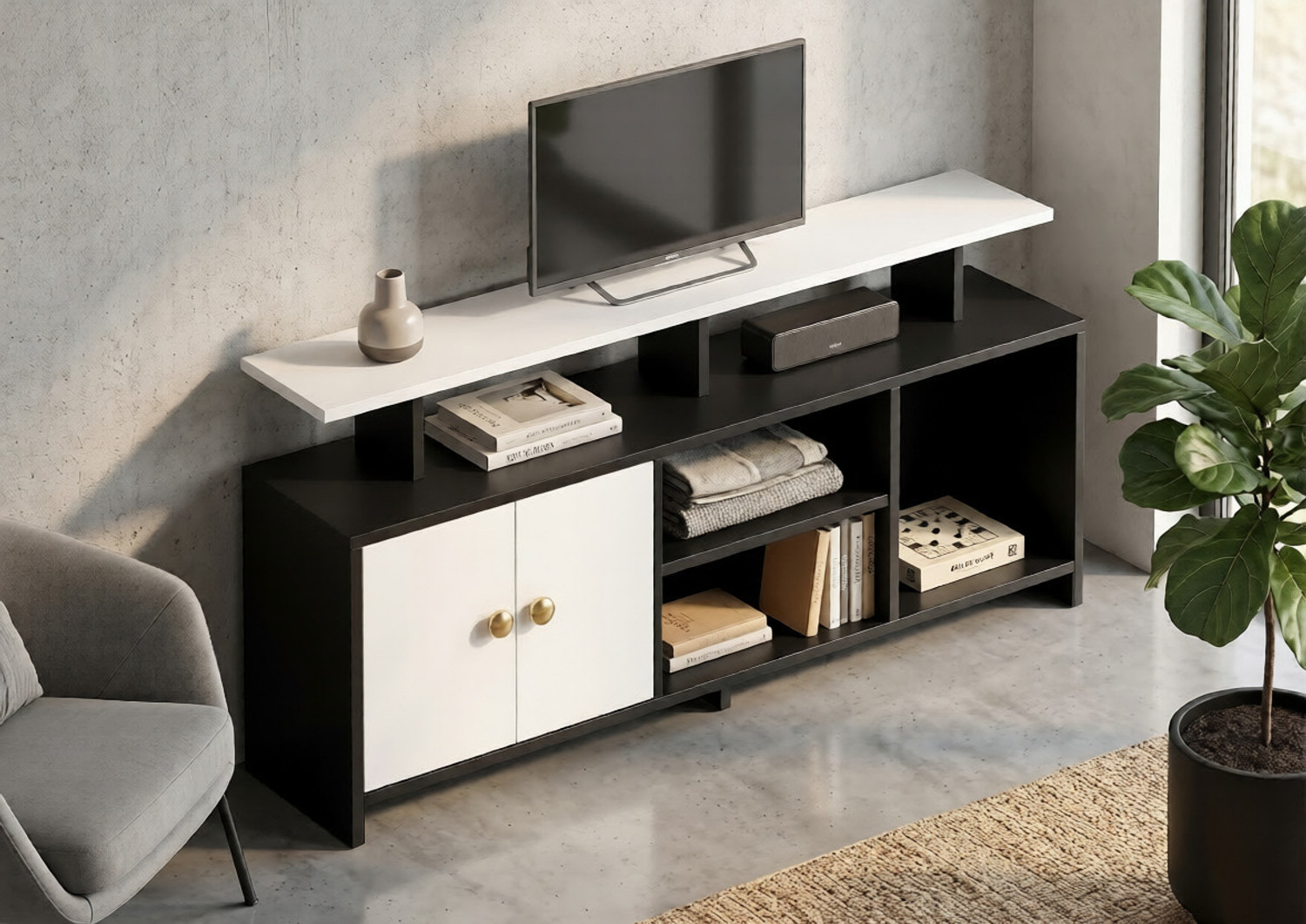 Image of Flipkart Perfect Homes Engineered Wood TV Entertainment Unit for Living Room & Multipurpose Storage Engineered Wood TV Entertainment Unit