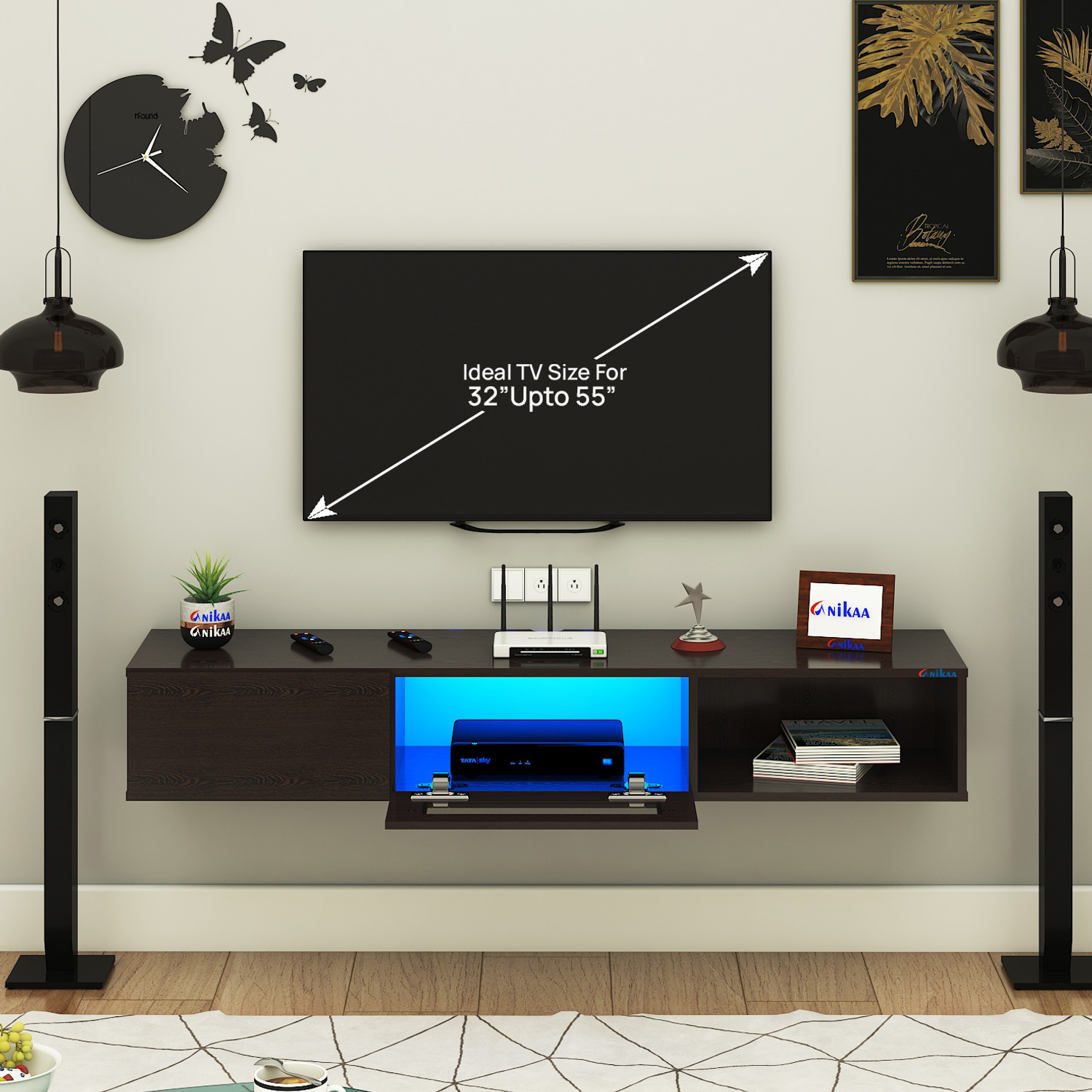 Image of ANIKAA Strix Wall Mount Modern Floating TV Unit with Storage Cabinet & Blue LED Light Engineered Wood TV Entertainment Unit