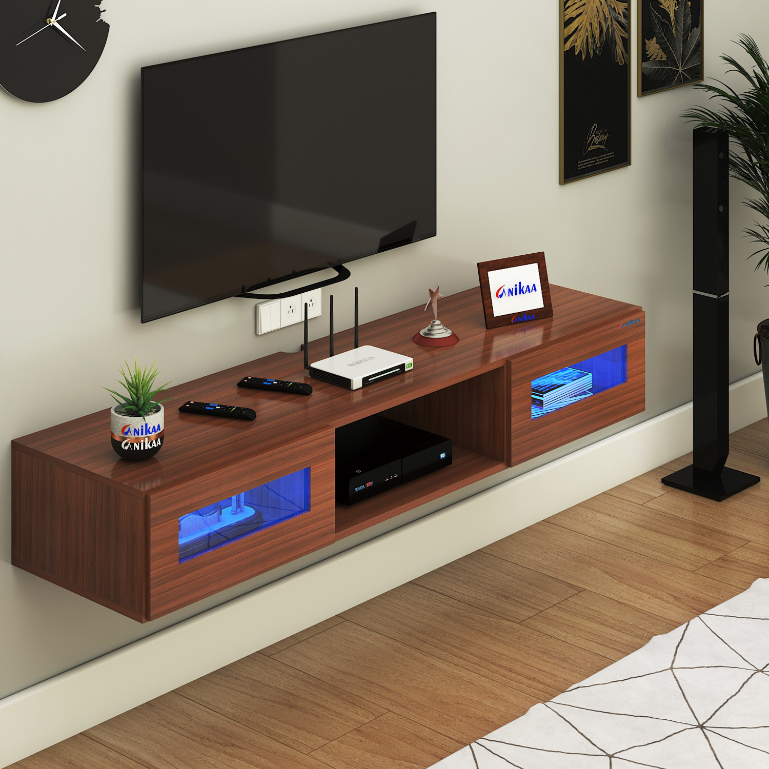 Image of FURNIWUD Orilo Wall Mount Modern Floating TV Unit with Storage Cabinet & Blue LED Light Engineered Wood TV Entertainment Unit