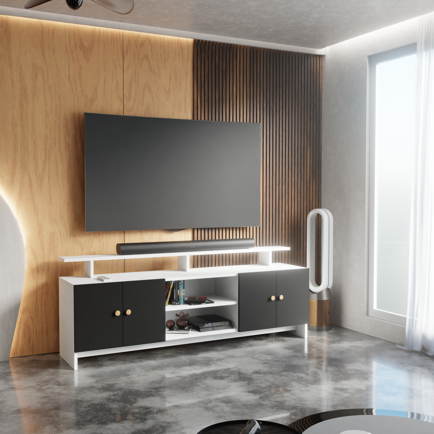 Image of Flipkart Perfect Homes TV Stand Table for Living Room | TV Unit Cabinet Furniture for Home |Living room Engineered Wood TV Entertainment Unit (Finish Color - White & Black, DIY(Do-It-Yourself))