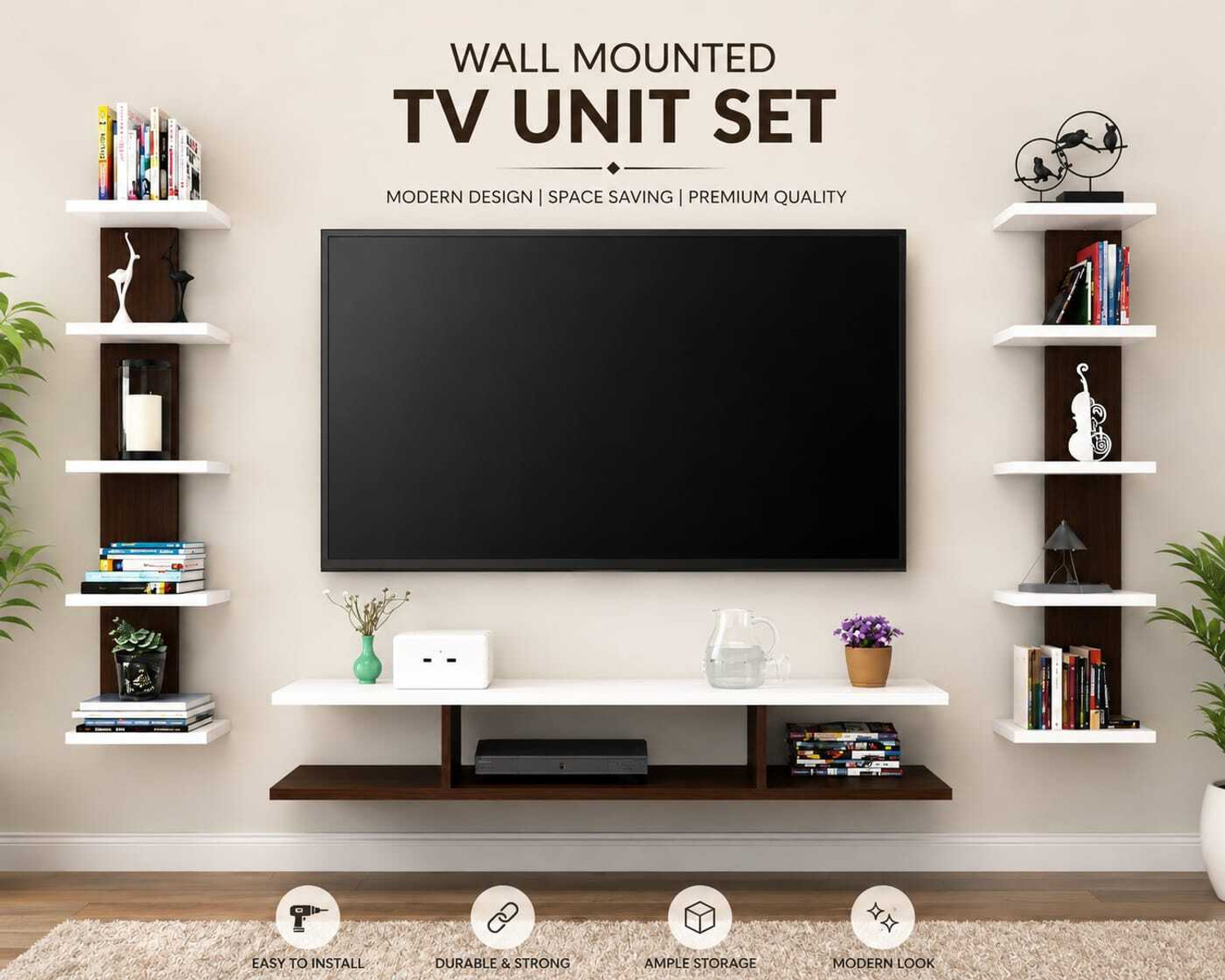 Image of Artival Crafts Modern Wall Mounted TV Unit 55inch with Side Display Shelves | Engineered Wood TV Entertainment Unit