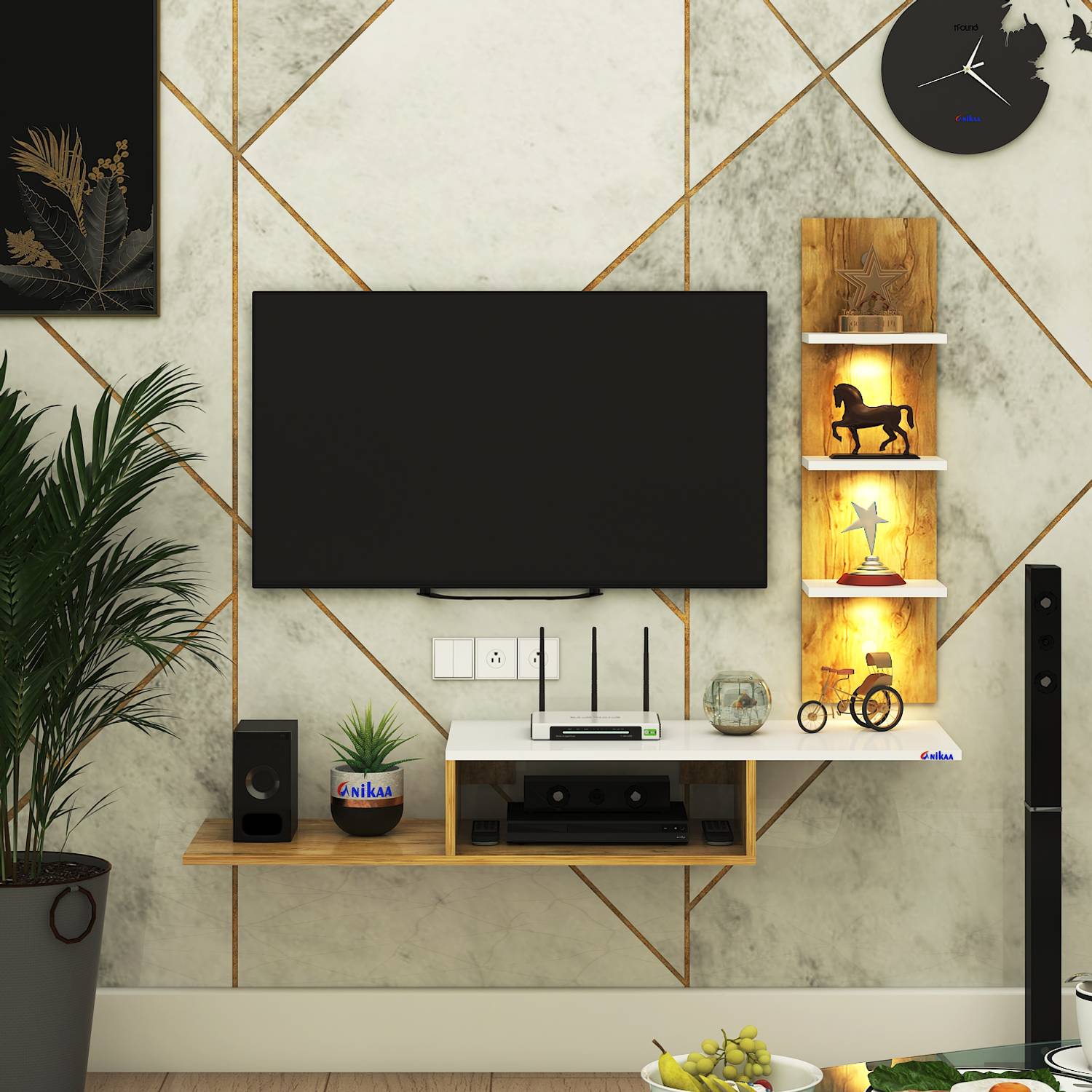 ANIKAA Thomas LED Light TV Unit Wall Mount Engineered Wood TV Entertainment Unit