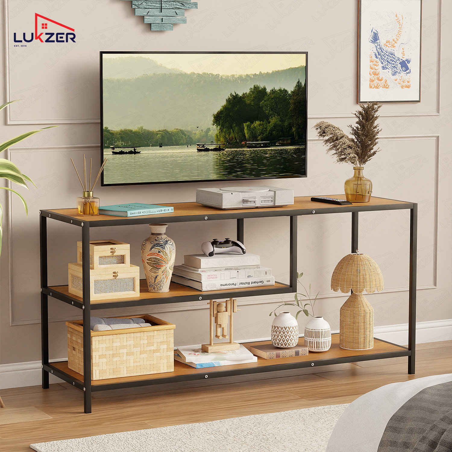Image of LUKZER Lukzer MTU-001 Black & Oak Brown Wooden Metal TV Unit Table Engineered Wood TV Entertainment Unit