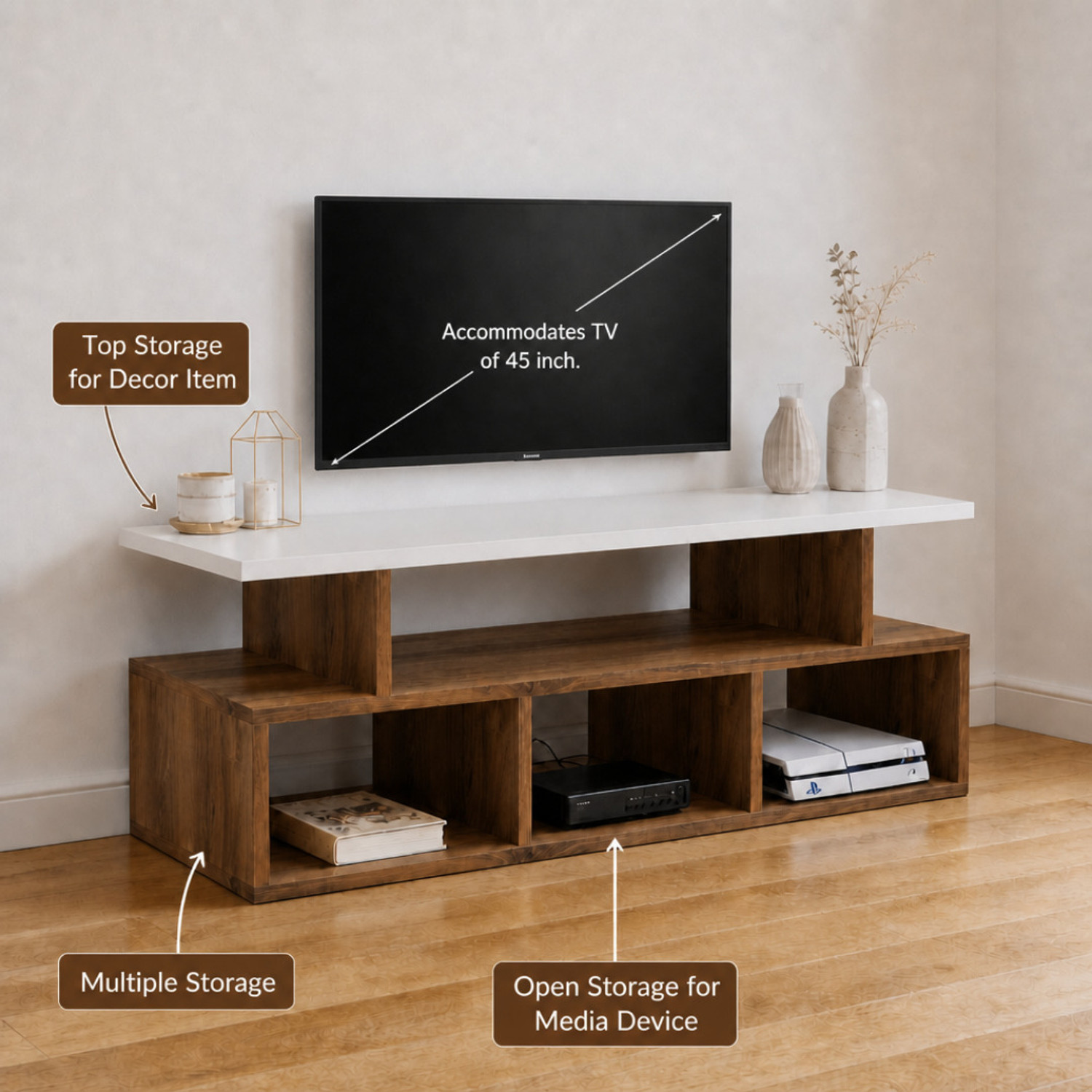 Image of Flipkart Perfect Homes Nuro Stand Rack Console Cabinet 17 mm Thick Free-standing 101 x 40.5 x 41 cm Engineered Wood TV Entertainment Unit (Finish Color - Walnut & White, DIY(Do-It-Yourself))