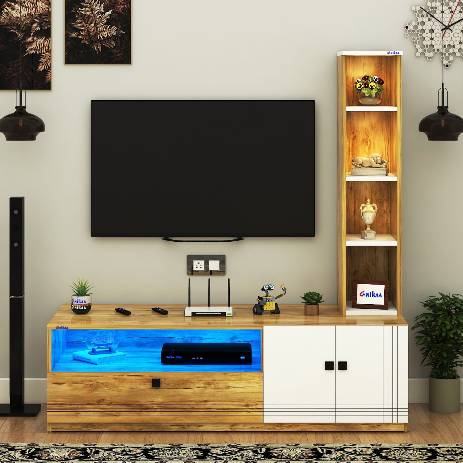 Image of ANIKAA Floor Standing Modern TV Unit with LED Light Ideal for Up To 55 Inch Engineered Wood TV Entertainment Unit