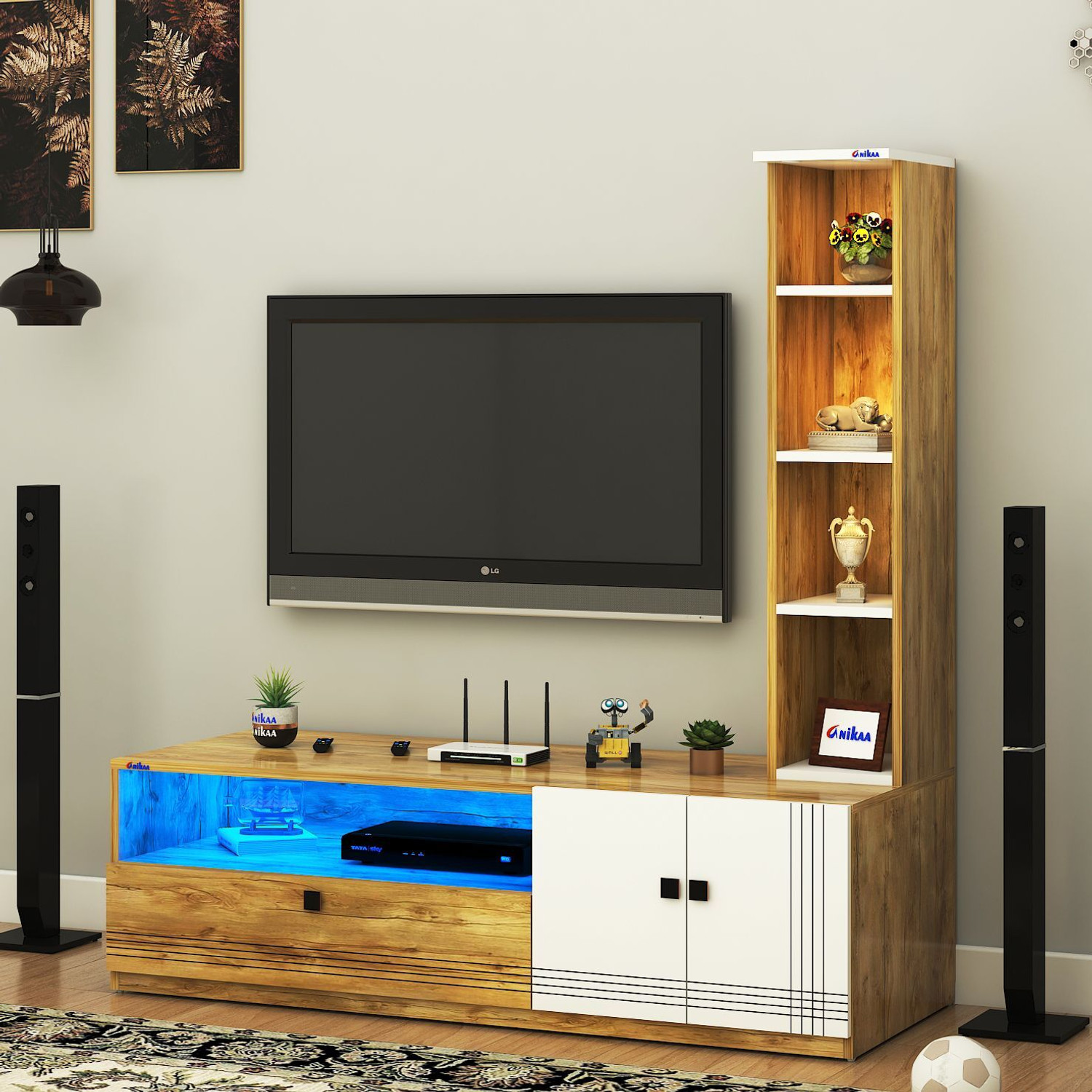 Image of ANIKAA Floor Standing Modern TV Unit with LED Light Ideal for Up To 55 Inch Engineered Wood TV Entertainment Unit