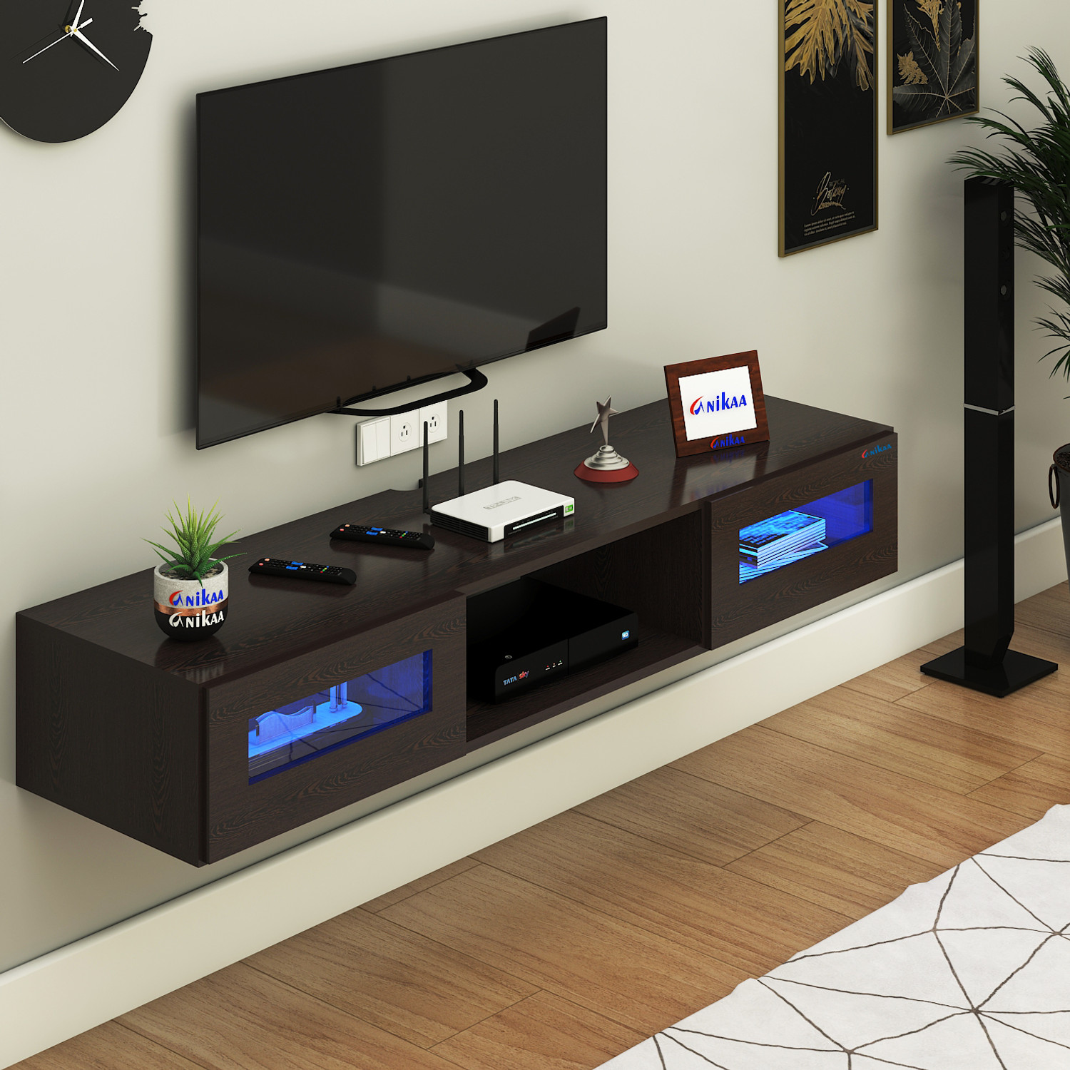 Image of FURNIWUD Orilo Wall Mount Modern Floating TV Unit with Storage Cabinet & Blue LED Light Engineered Wood TV Entertainment Unit