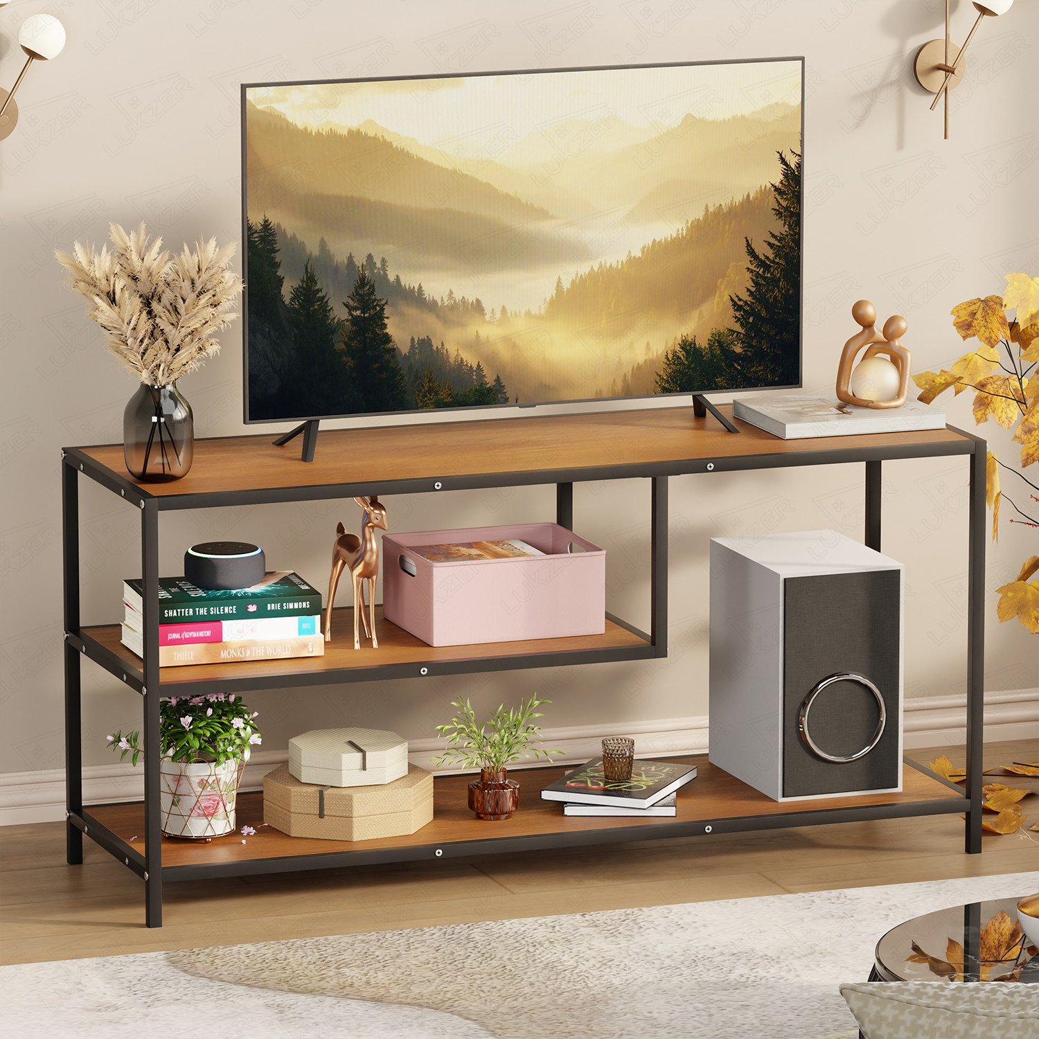 Image of LUKZER Lukzer MTU-001 Black & Oak Brown Wooden Metal TV Unit Table Engineered Wood TV Entertainment Unit