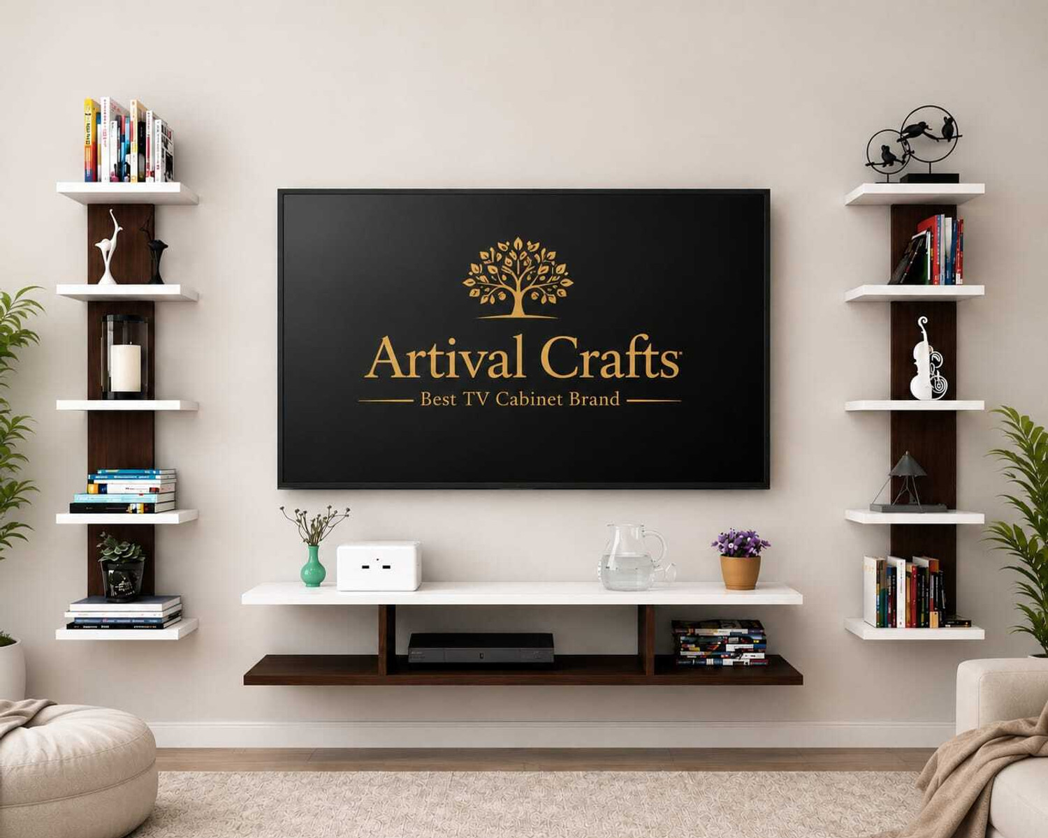 Image of Artival Crafts Modern Wall Mounted TV Unit 55inch with Side Display Shelves | Engineered Wood TV Entertainment Unit