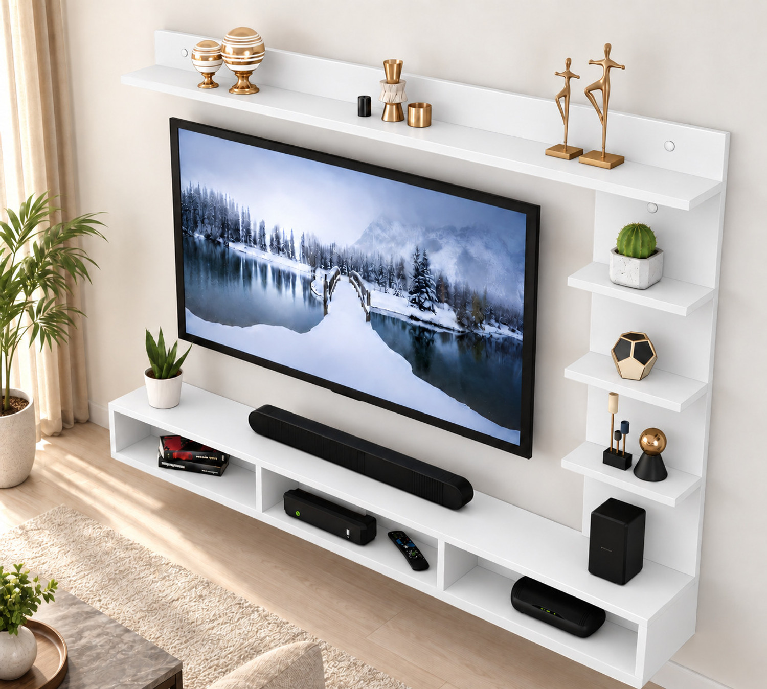 Image of Artival Crafts Urban Wall Mounted Engineered Wood TV Unit with Storage Shelves, Wenge & White Engineered Wood TV Entertainment Unit
