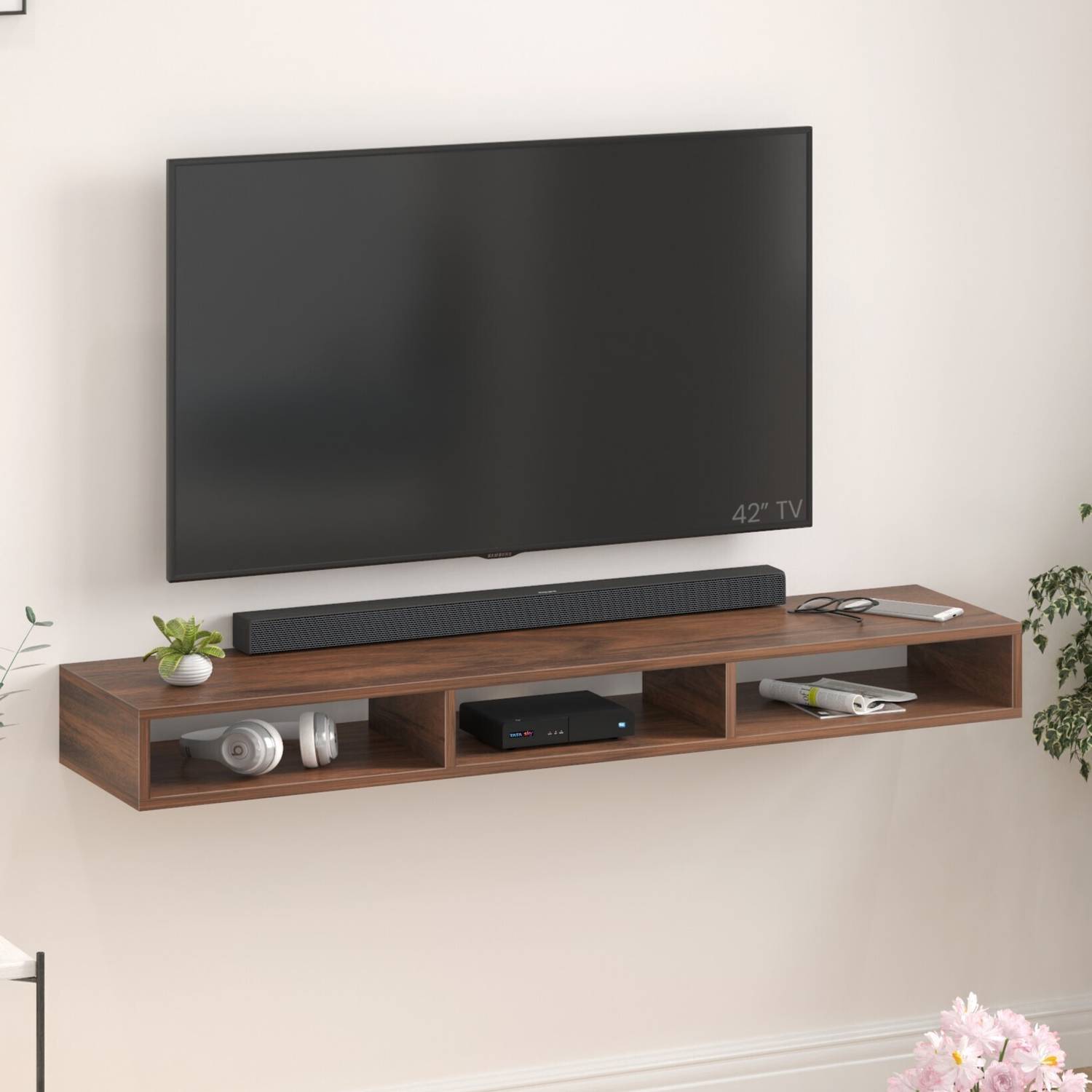 BLUEWUD Primax Solo Standard Wall Mount TV Set Top Box Stand/TV Cabinet with Shelves Engineered Wood TV Entertainment Unit