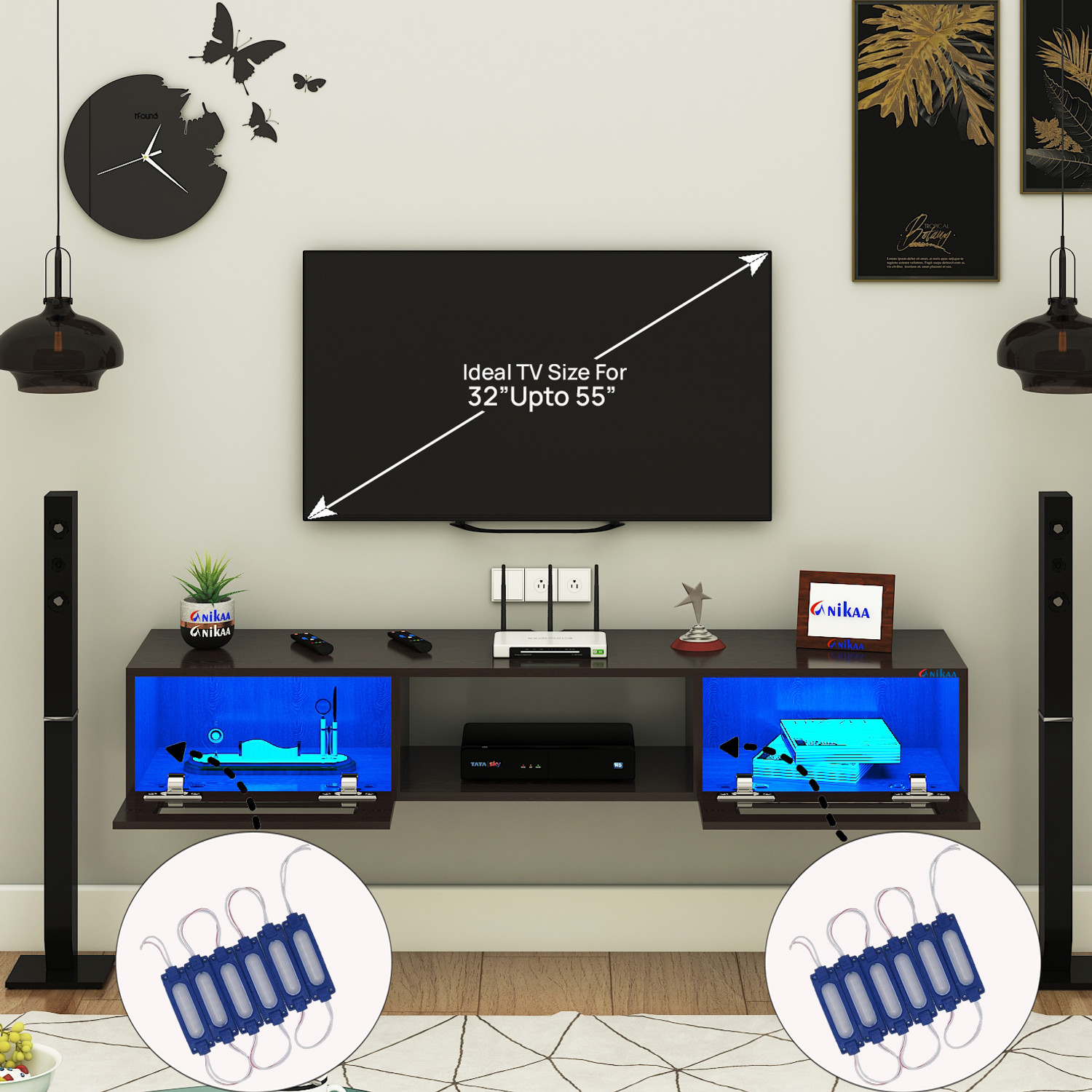 Image of FURNIWUD Orilo Wall Mount Modern Floating TV Unit with Storage Cabinet & Blue LED Light Engineered Wood TV Entertainment Unit