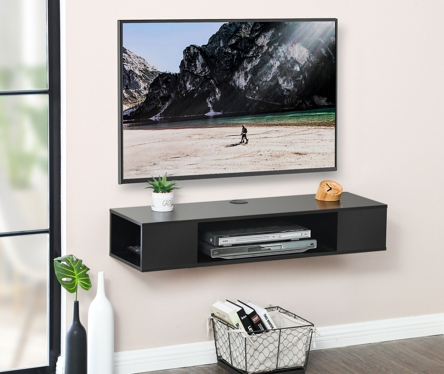 Image of Home wood Wooden tv and entertainment unit wall mounted 40 inches in Length (Black). Engineered Wood TV Entertainment Unit