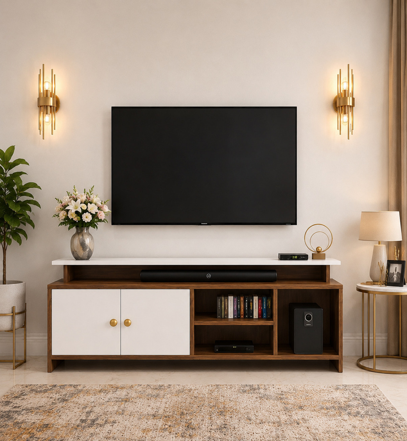 Image of Avenue Venture Contemporary TV Entertainment Unit with Closed Cabinets & Open Shelves Engineered Wood TV Entertainment Unit