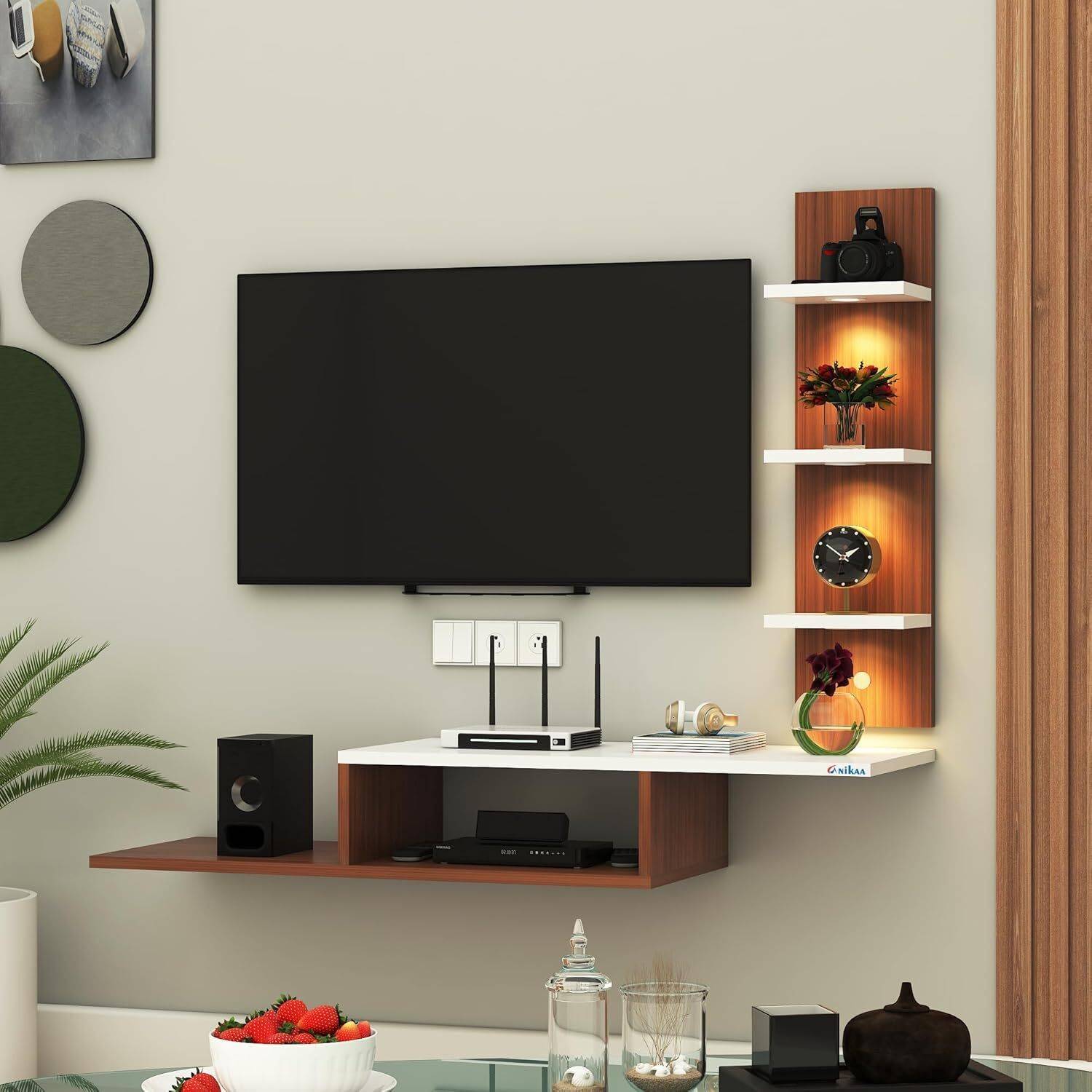 ANIKAA LED Light TV Unit Wall Mount Engineered Wood TV Entertainment Unit
