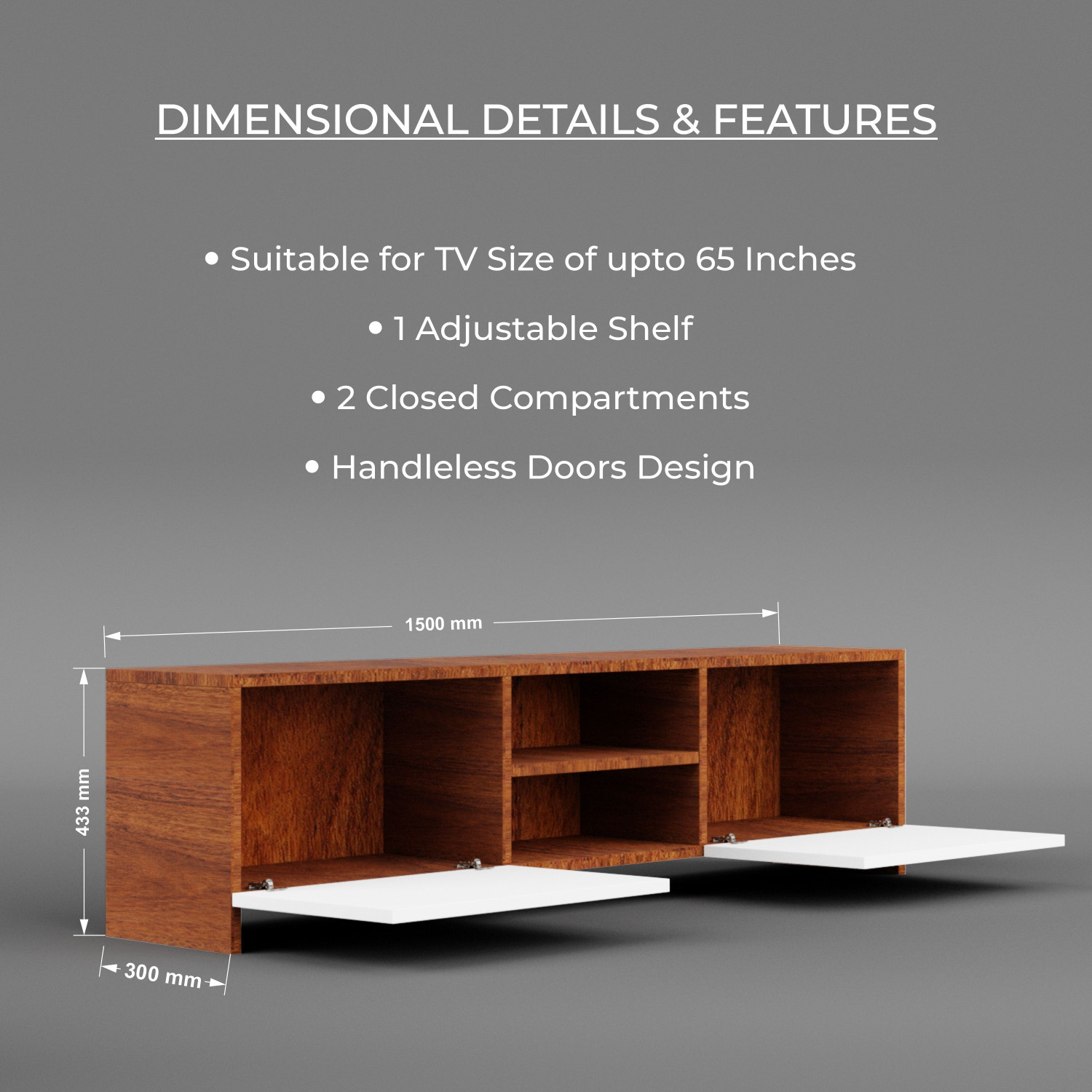 Image of Divysa TV Unit for Up to 65 Inch TV | Handleless Door Design Engineered Wood TV Entertainment Unit