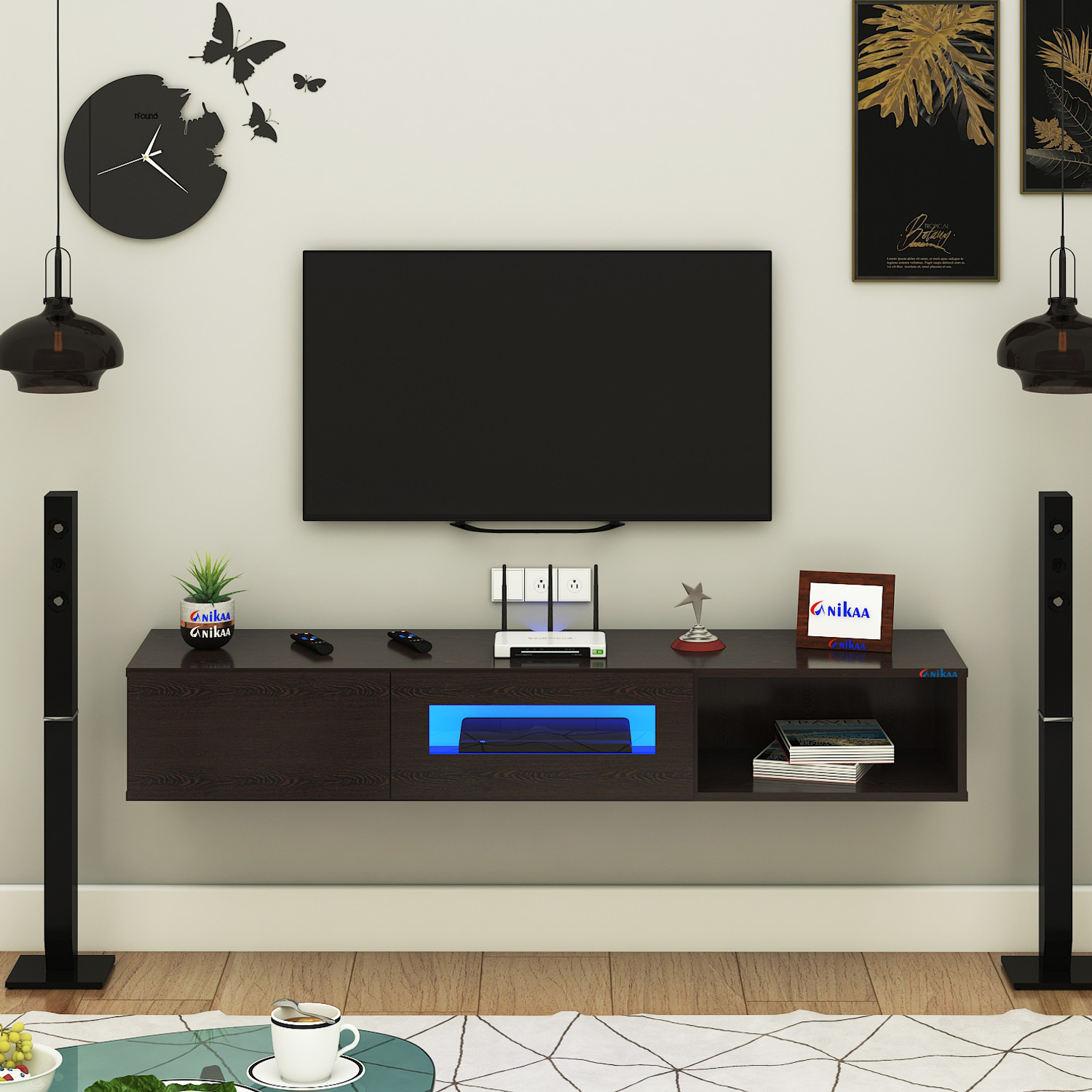 Image of FURNIWUD Strix Wall Mount Modern Floating TV Unit with Storage Cabinet & Blue LED Light Engineered Wood TV Entertainment Unit
