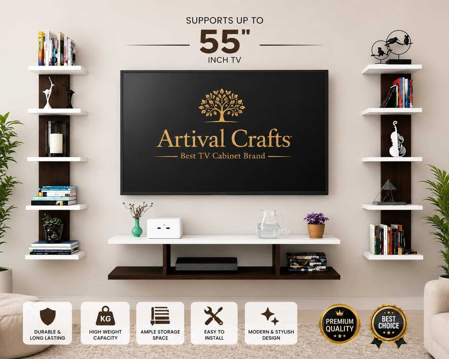 Image of Artival Crafts Modern Wall Mounted TV Unit 55inch with Side Display Shelves | Engineered Wood TV Entertainment Unit