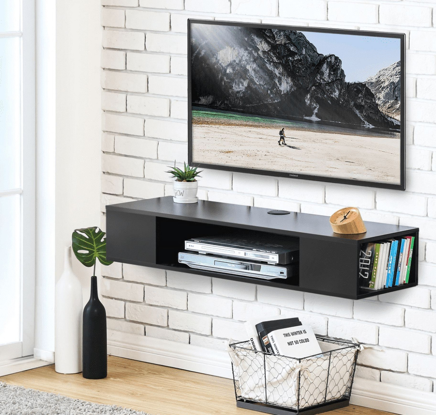 Image of Home wood Wooden tv and entertainment unit wall mounted 40 inches in Length (Black). Engineered Wood TV Entertainment Unit