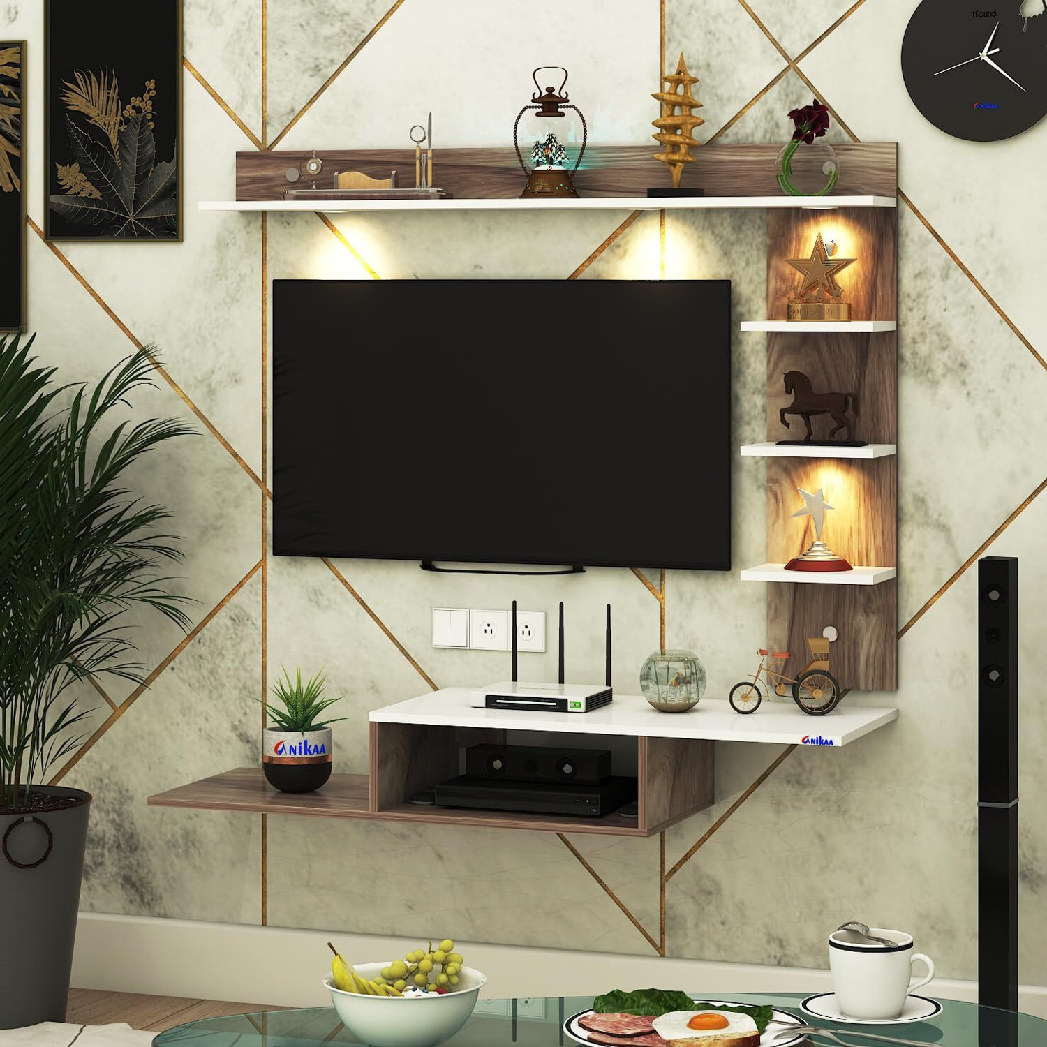 Image of FURNIWUD Wintor Wall Mounted TV Unit with 4 LED Lights, Storage Box & Decorative Shelf Engineered Wood TV Entertainment Unit