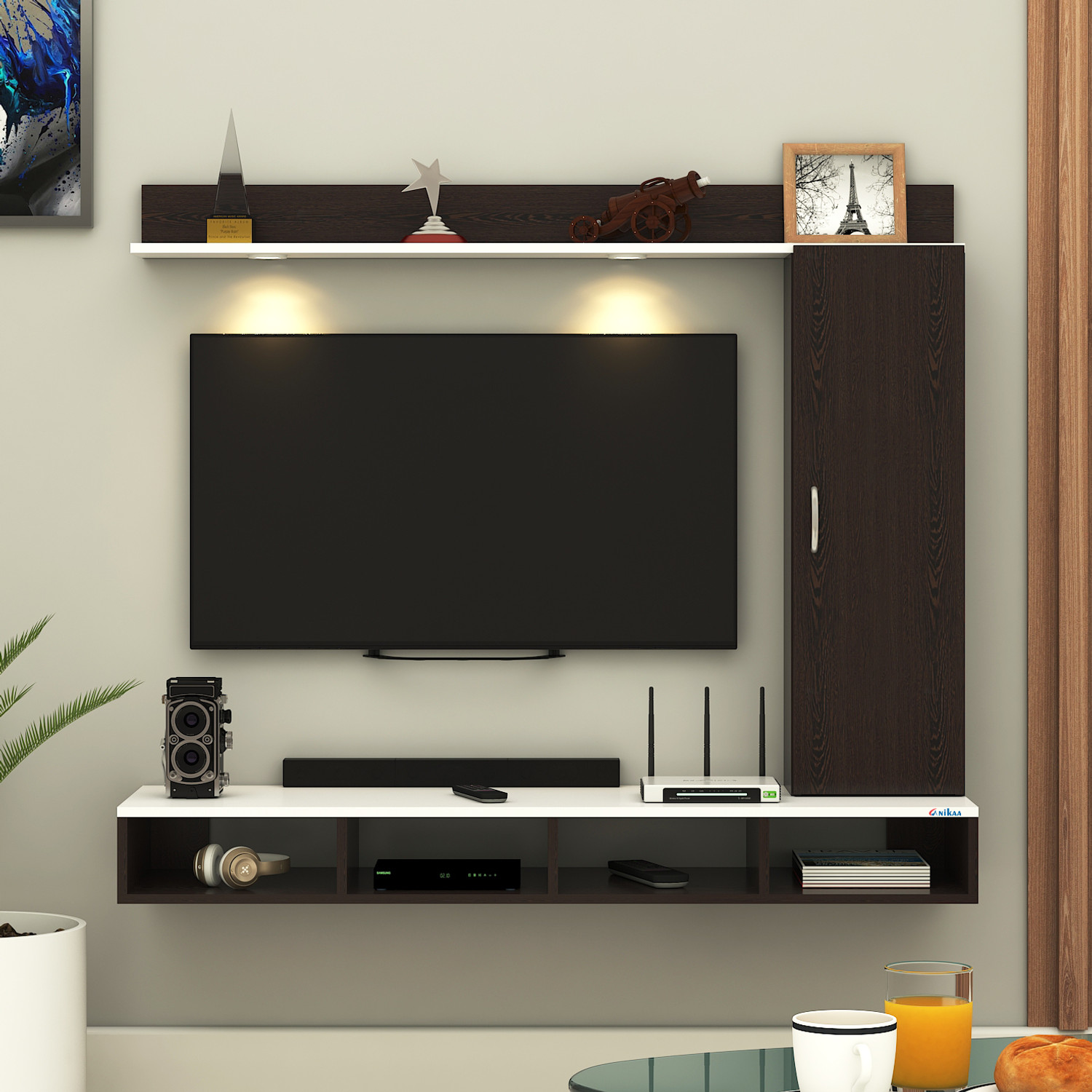 Image of ANIKAA Dorex Wall Mounted TV Unit with LED Lights, Storage Cabinet & Display Shelf Engineered Wood TV Entertainment Unit