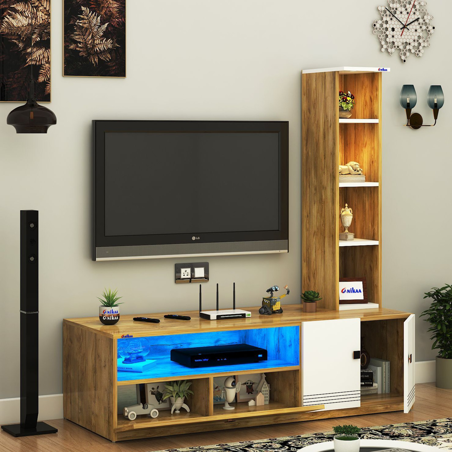 Image of ANIKAA Floor Standing Modern TV Unit with LED Light Ideal for Up To 55 Inch Engineered Wood TV Entertainment Unit