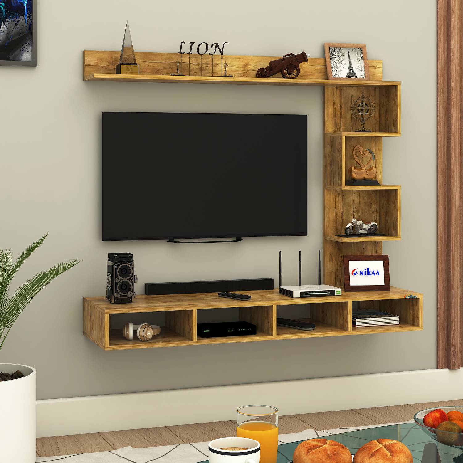 ANIKAA Laura Wall-Mount TV Unit Cabinet with Storage Box & Decorative Shelves Engineered Wood TV Entertainment Unit