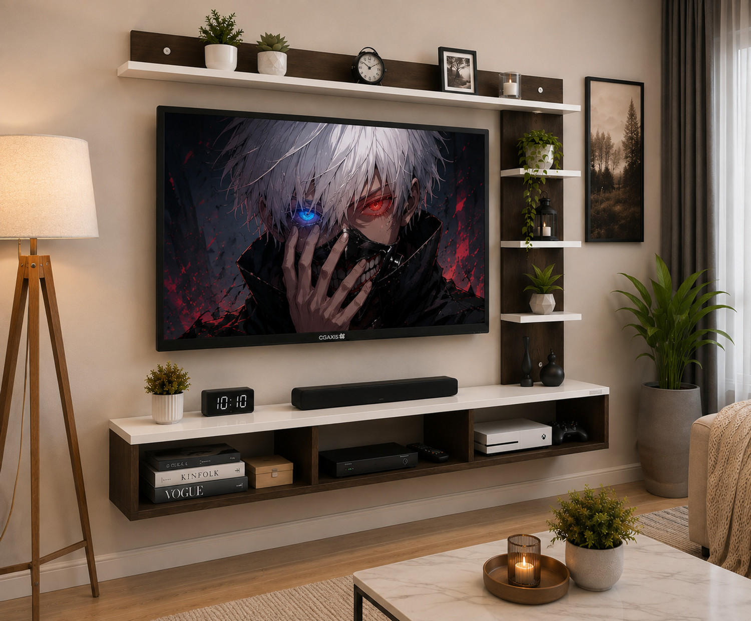 Image of FALAK ARTFUL CRAFT Modern Floating Wall Mounted TV Unit 39 Inch with Storage & Display Shelves Solid Wood TV Entertainment Unit (Finish Color - BROWN, DIY(Do-It-Yourself))