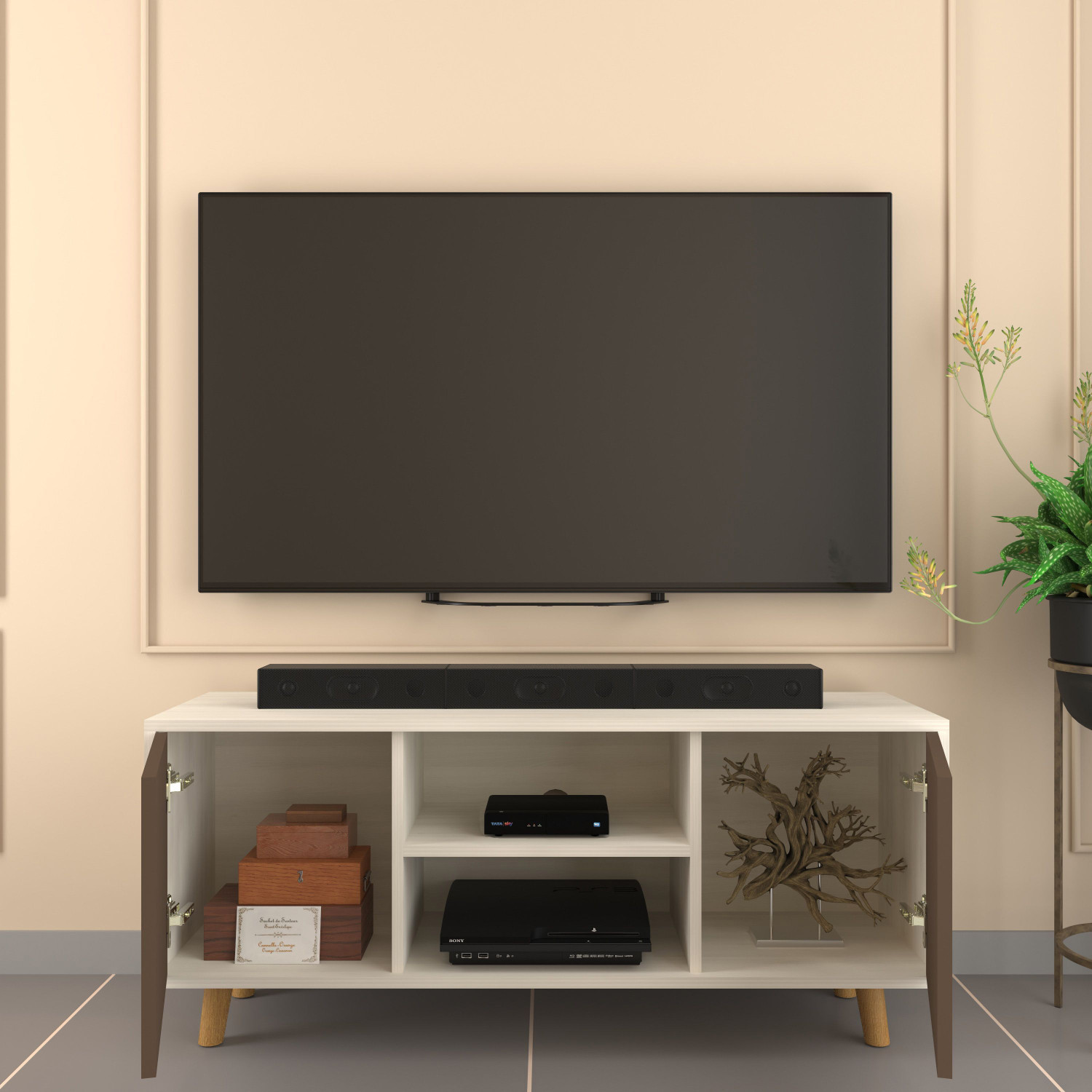 Image of spacesbyU Brelo TV Unit with Storage | Solid Wood Legs | Engineered Wood TV Entertainment Unit