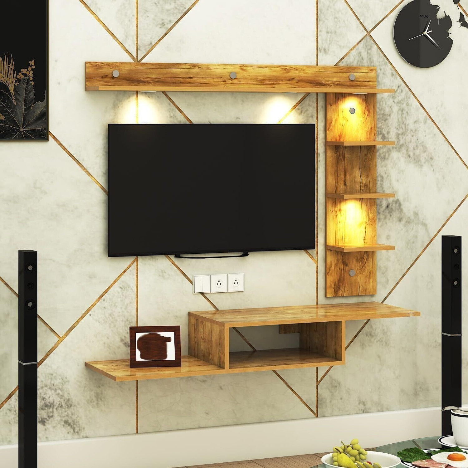 Image of FURNIWUD Wintor Wall Mounted TV Unit with 4 LED Lights, Storage Box & Decorative Shelf Engineered Wood TV Entertainment Unit