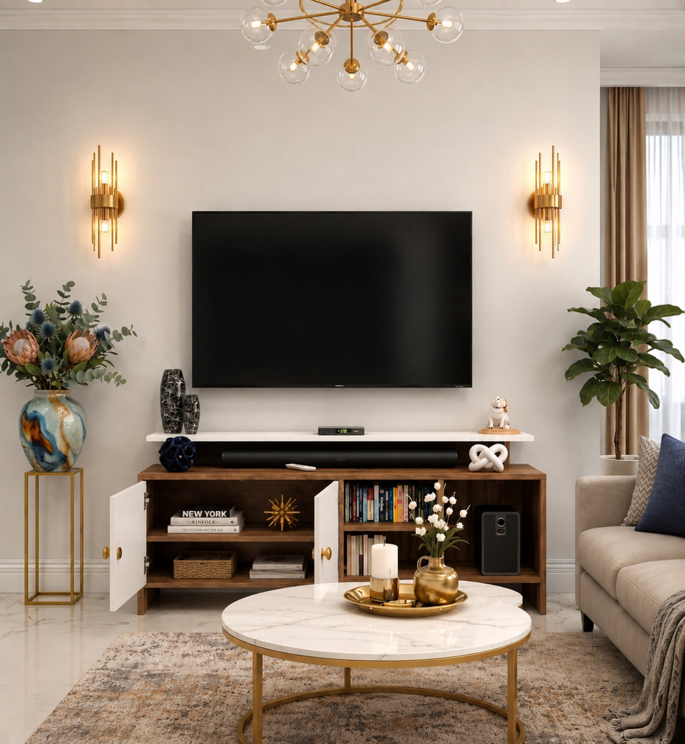 Image of Avenue Venture Contemporary TV Entertainment Unit with Closed Cabinets & Open Shelves Engineered Wood TV Entertainment Unit