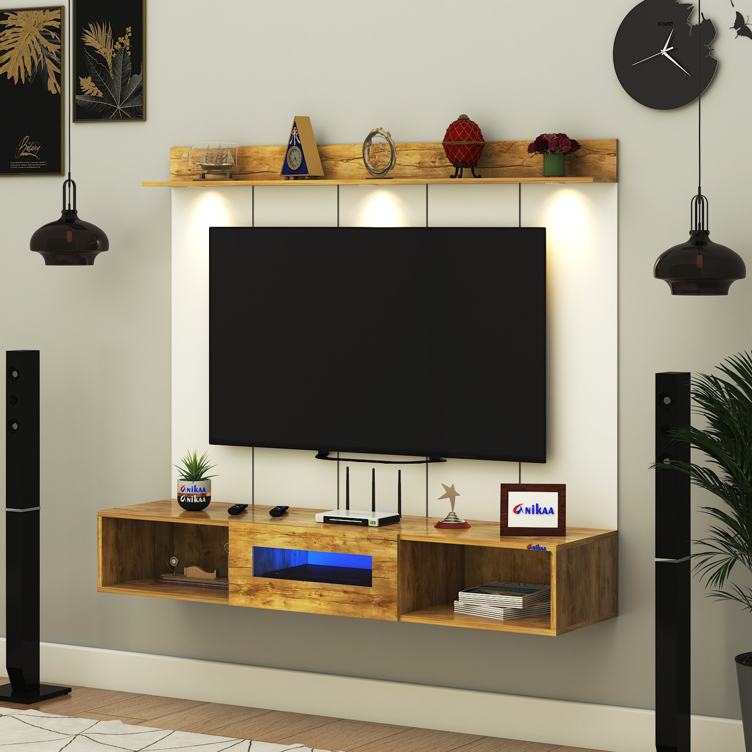 Image of FURNIWUD Novus PVC Back Panel Wall Mount TV Unit with LED Light for Up To 50 inch TV Engineered Wood TV Entertainment Unit
