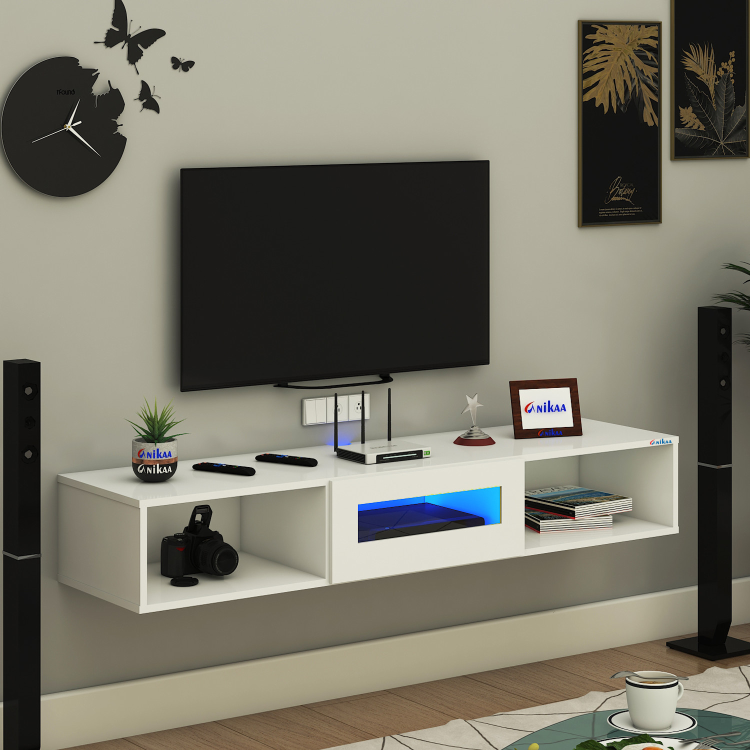 Image of FURNIWUD Novus Wall Mount Modern Floating TV Unit with Storage Cabinet & Blue LED Light Engineered Wood TV Entertainment Unit