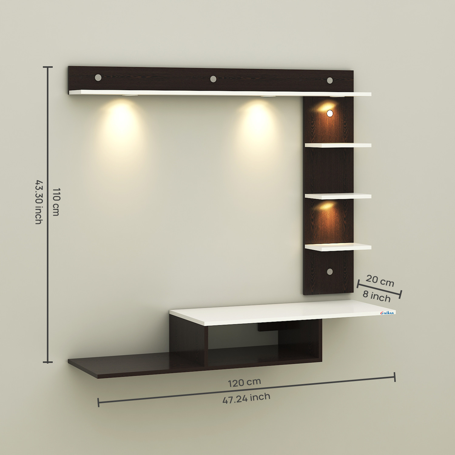Image of ANIKAA Wintor Wall Mounted TV Unit with 4 LED Lights, Storage Box & Decorative Shelf Engineered Wood TV Entertainment Unit (Finish Color - Wenge /White, DIY(Do-It-Yourself))