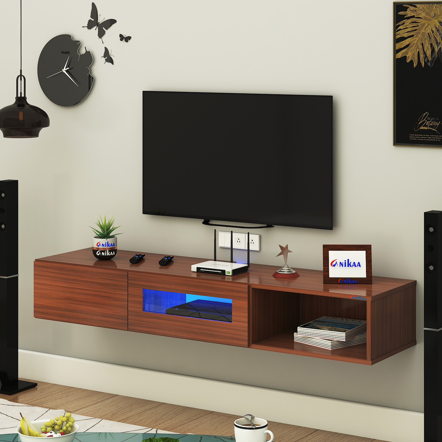 Image of FURNIWUD Strix Wall Mount Modern Floating TV Unit with Storage Cabinet & Blue LED Light Engineered Wood TV Entertainment Unit