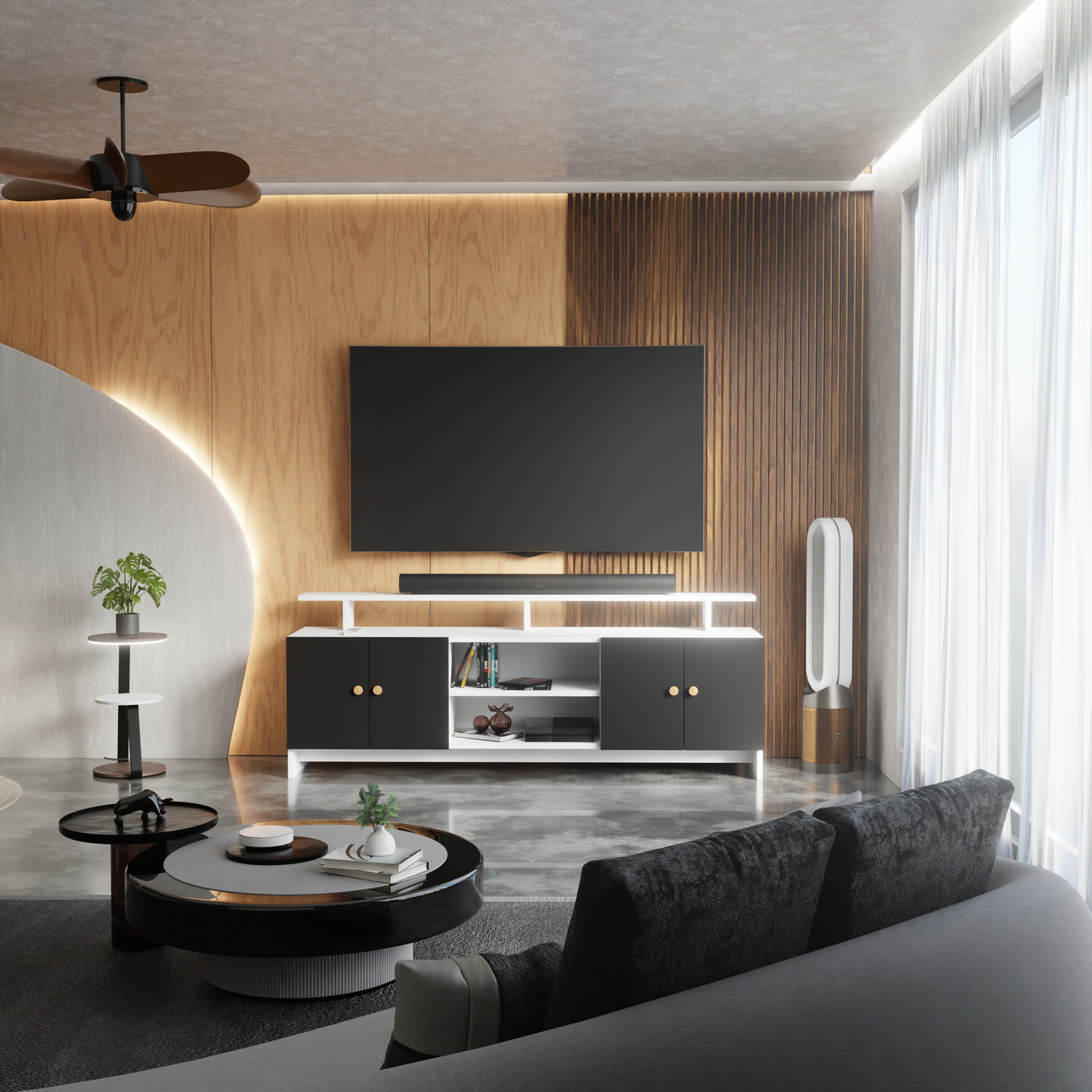 Image of Flipkart Perfect Homes TV Stand Table for Living Room | TV Unit Cabinet Furniture for Home |Living room Engineered Wood TV Entertainment Unit (Finish Color - White & Black, DIY(Do-It-Yourself))