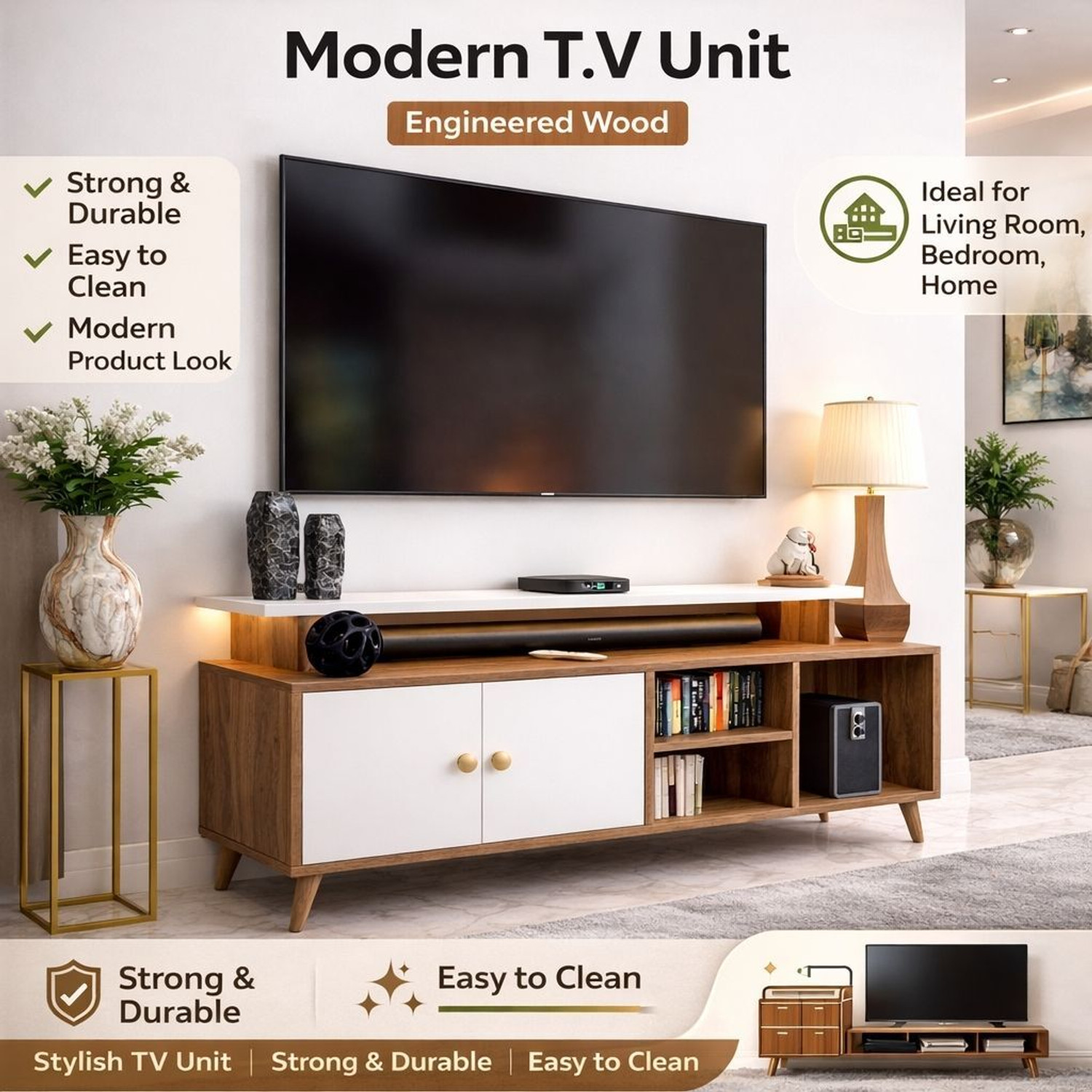 Image of Flipkart Perfect Homes Engineered Wood TV Entertainment Unit for Living Room & Multipurpose Storage Engineered Wood TV Entertainment Unit