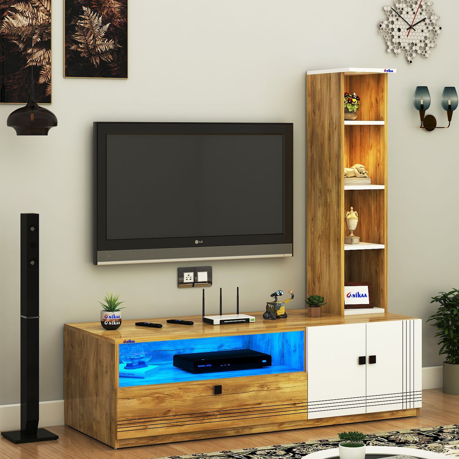Image of ANIKAA Floor Standing Modern TV Unit with LED Light Ideal for Up To 55 Inch Engineered Wood TV Entertainment Unit