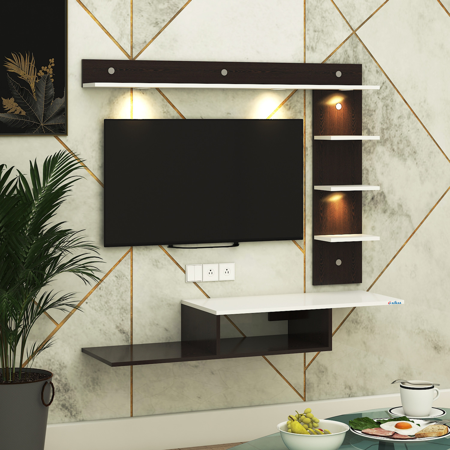 Image of ANIKAA Wintor Wall Mounted TV Unit with 4 LED Lights, Storage Box & Decorative Shelf Engineered Wood TV Entertainment Unit (Finish Color - Wenge /White, DIY(Do-It-Yourself))