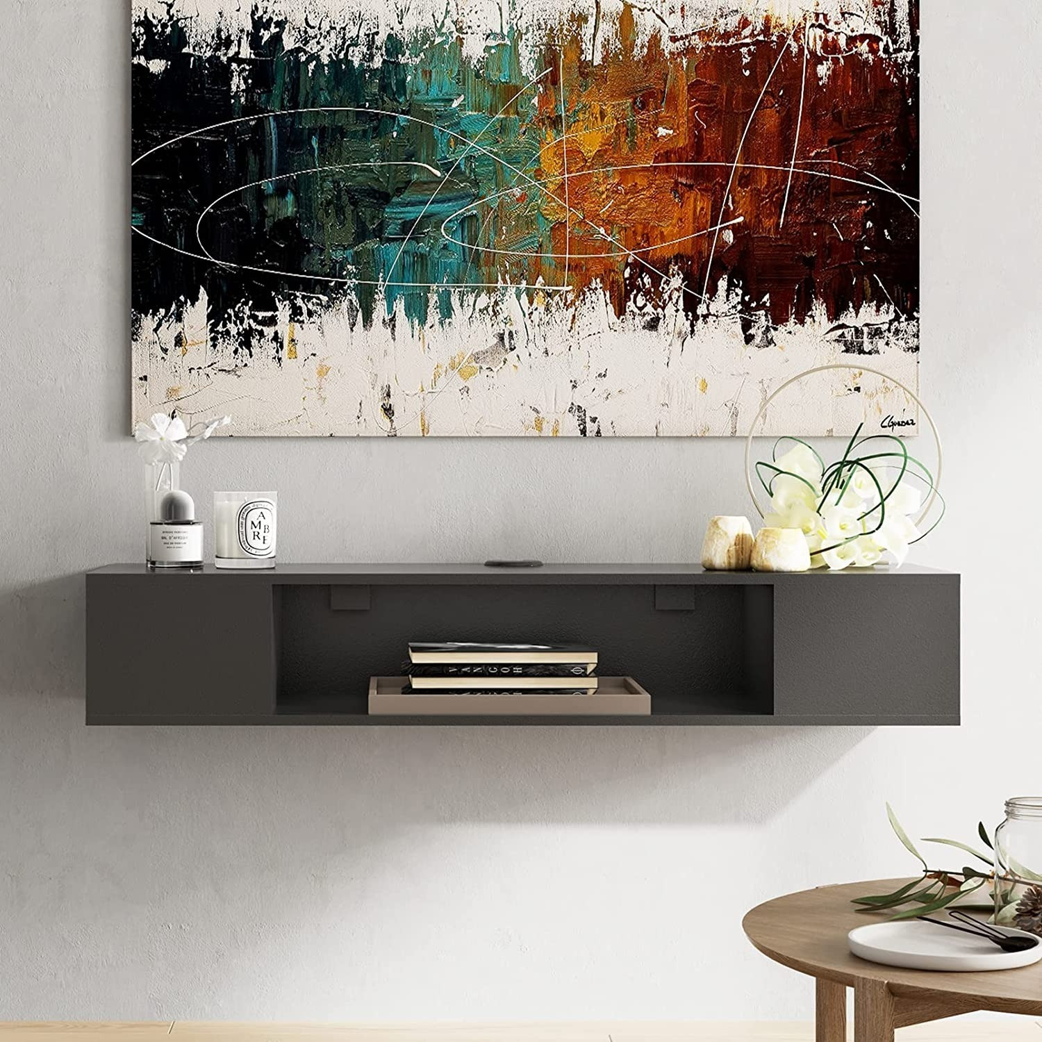 Image of Home wood Wooden tv and entertainment unit wall mounted 40 inches in Length (Black). Engineered Wood TV Entertainment Unit