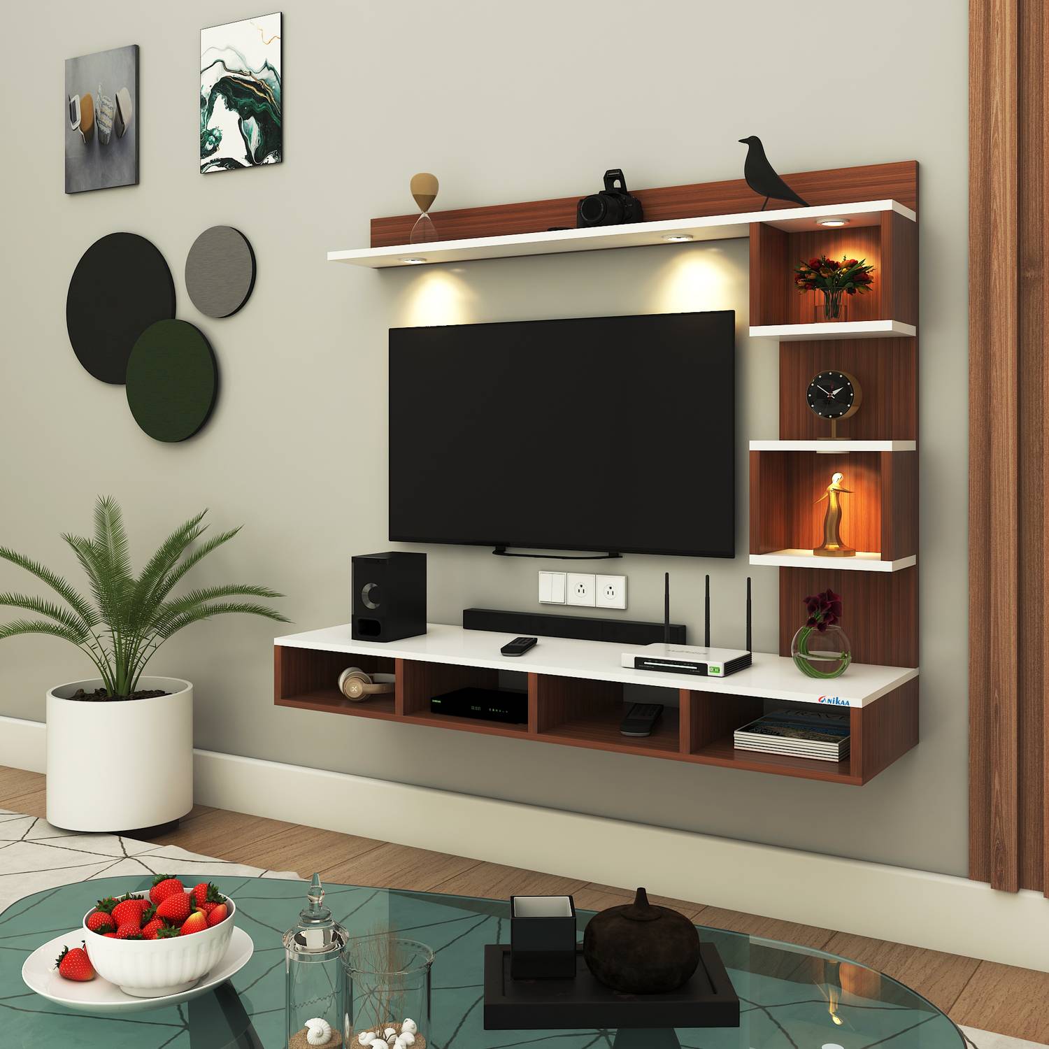 ANIKAA Kirina Wall Mount TV Unit Cabinet with LED Lights & Decorative Shelves - Boxes Engineered Wood TV Entertainment Unit