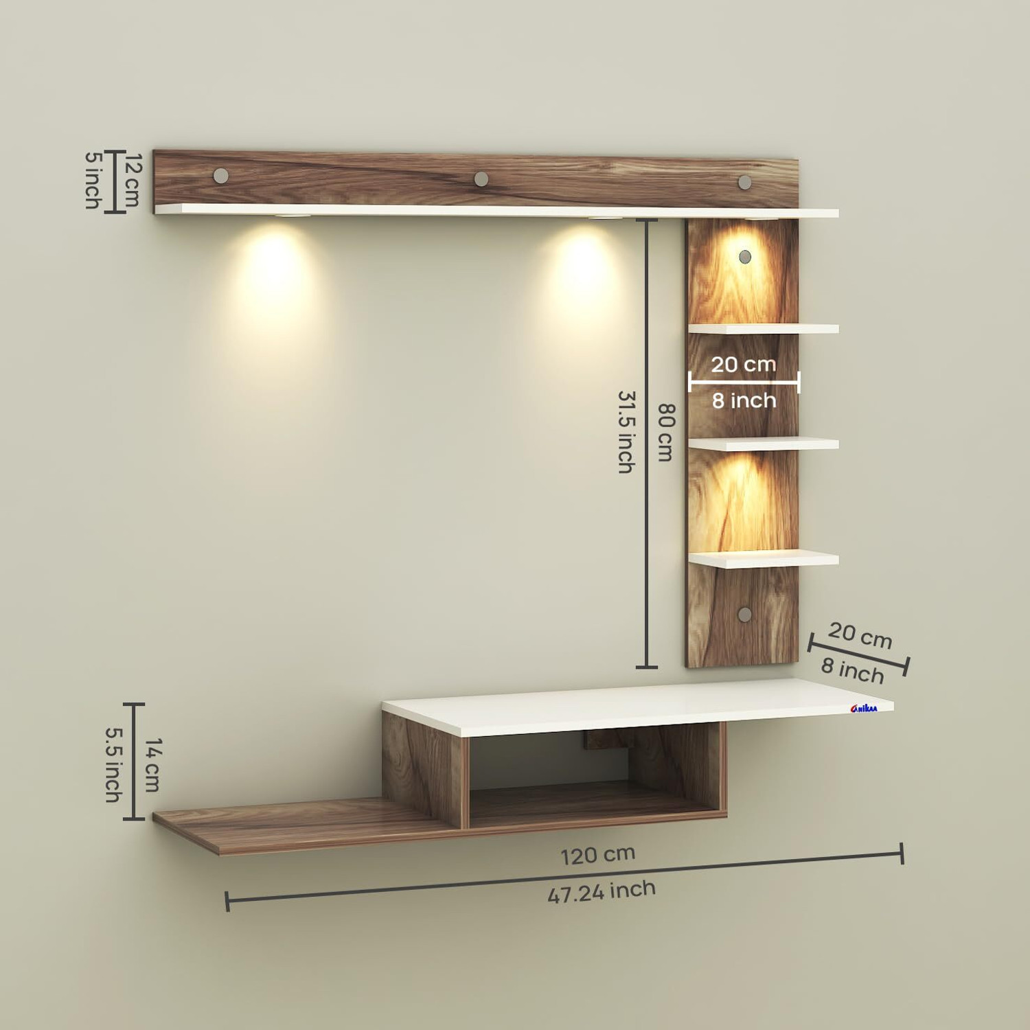 Image of FURNIWUD Wintor Wall Mounted TV Unit with 4 LED Lights, Storage Box & Decorative Shelf Engineered Wood TV Entertainment Unit