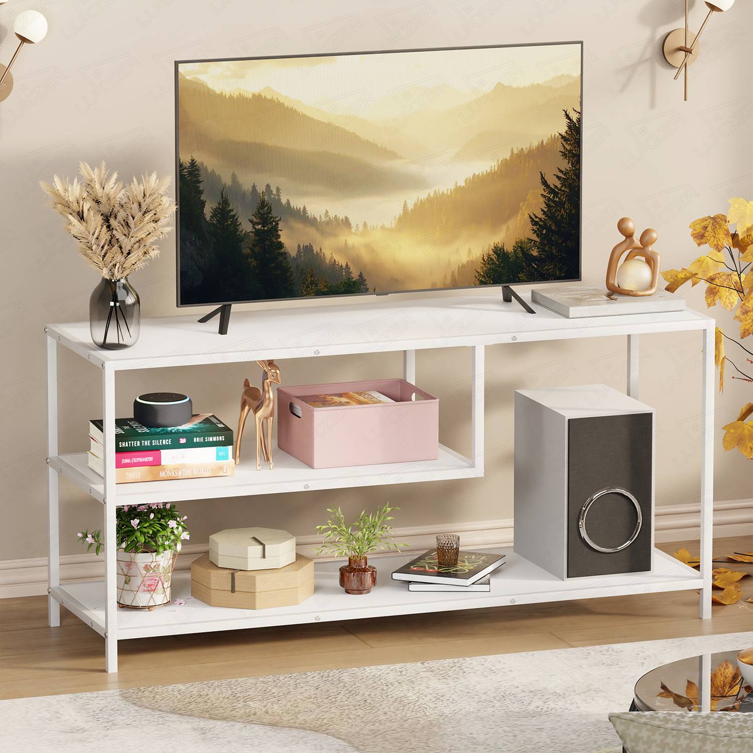 Lukzer MTU-001 White & White Wooden Metal TV Unit Table Engineere