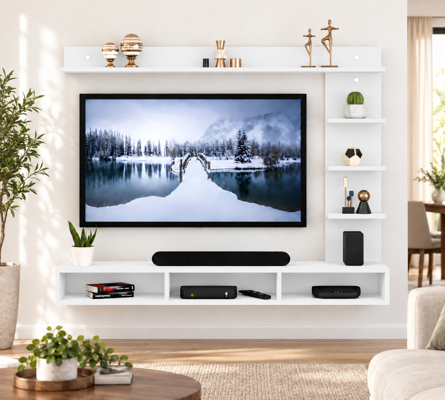 Image of Artival Crafts Urban Wall Mounted Engineered Wood TV Unit with Storage Shelves, Wenge & White Engineered Wood TV Entertainment Unit